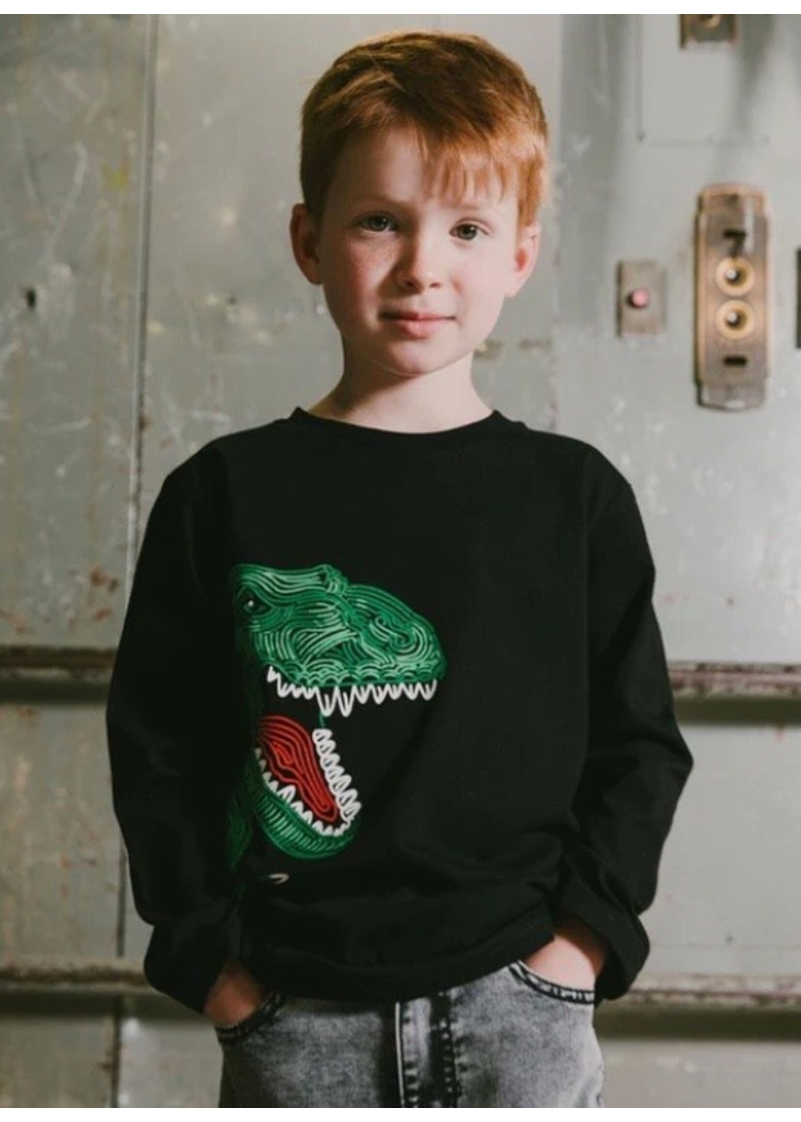 Deux Par Deux Deux Par Deux, Dinosaur Print Long Sleeve Jersey Tee Shirt || Black