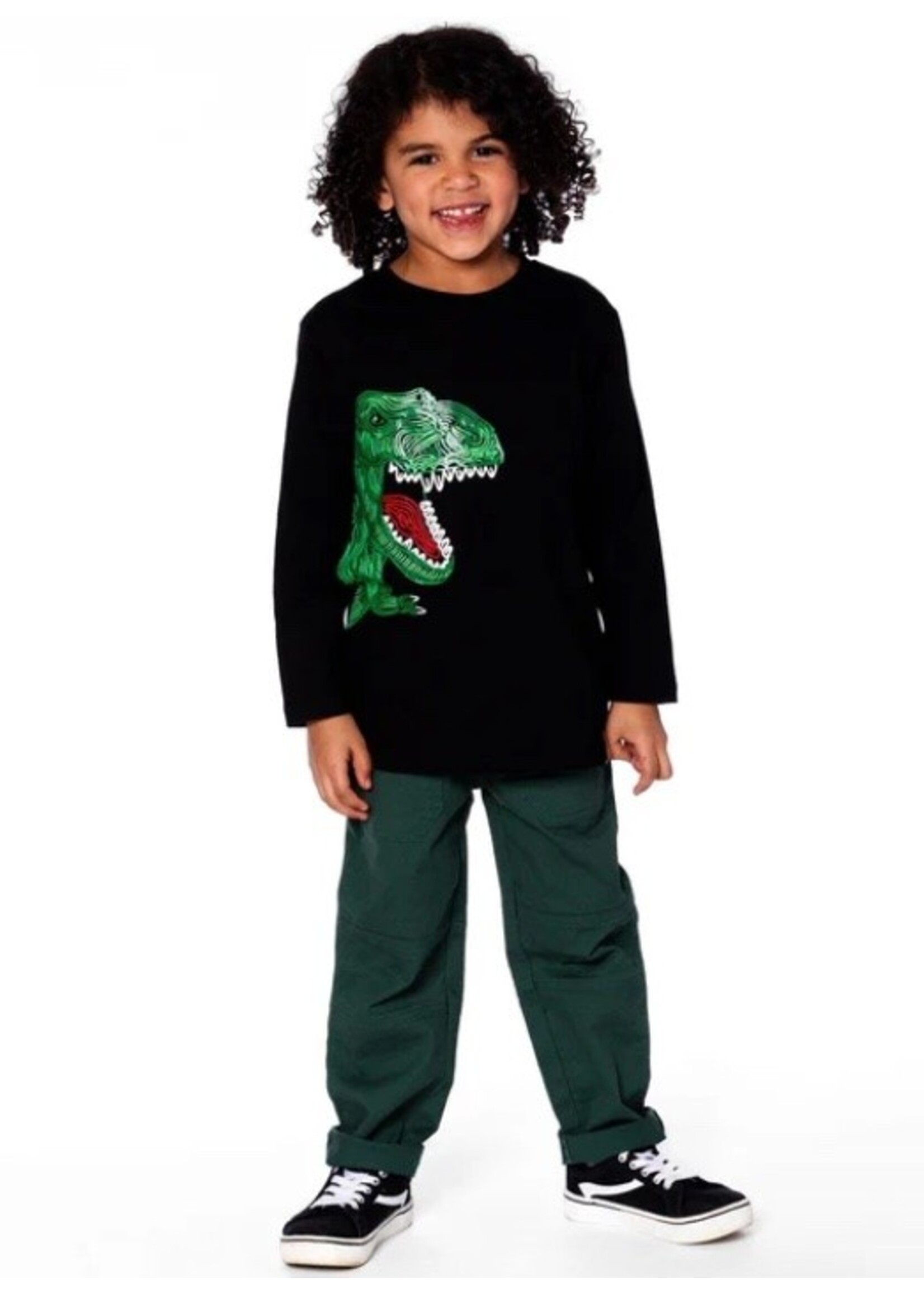Deux Par Deux Deux Par Deux, Dinosaur Print Long Sleeve Jersey Tee Shirt || Black