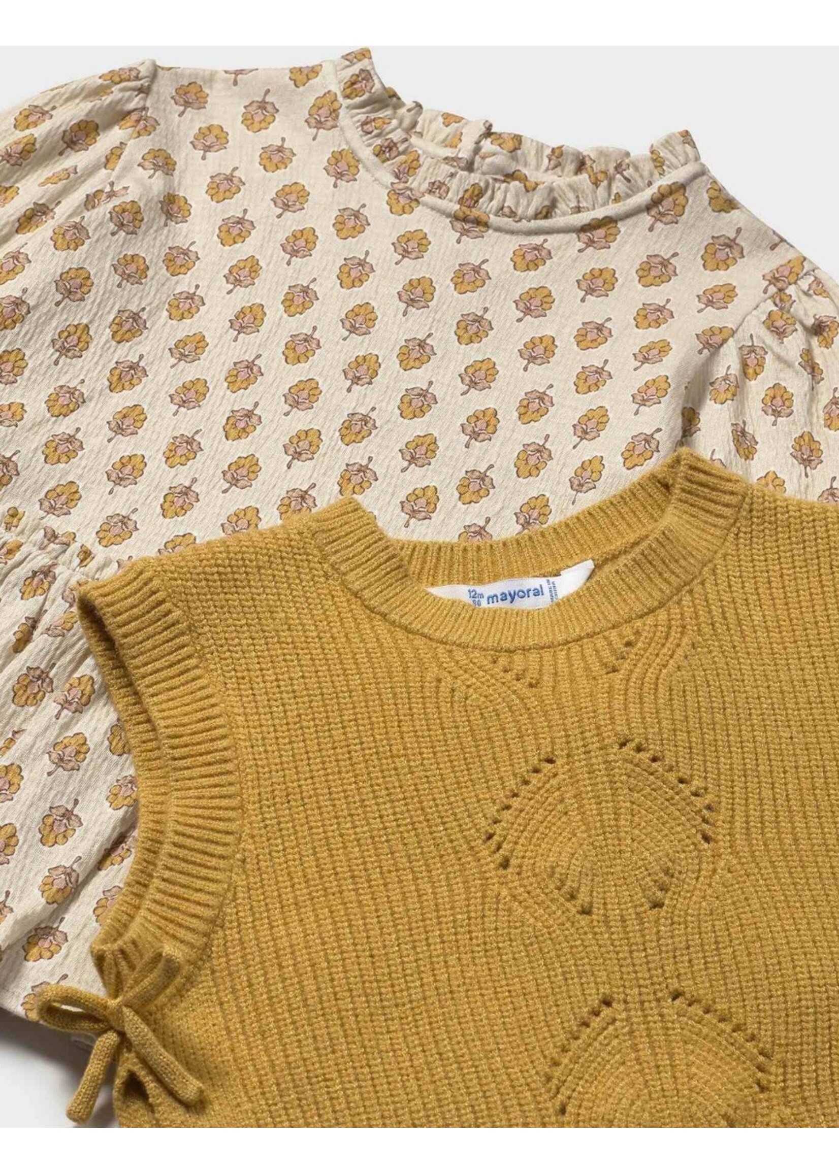 Mayoral Mayoral, Baby Dress with Faux Knit Vest || Honey Heather