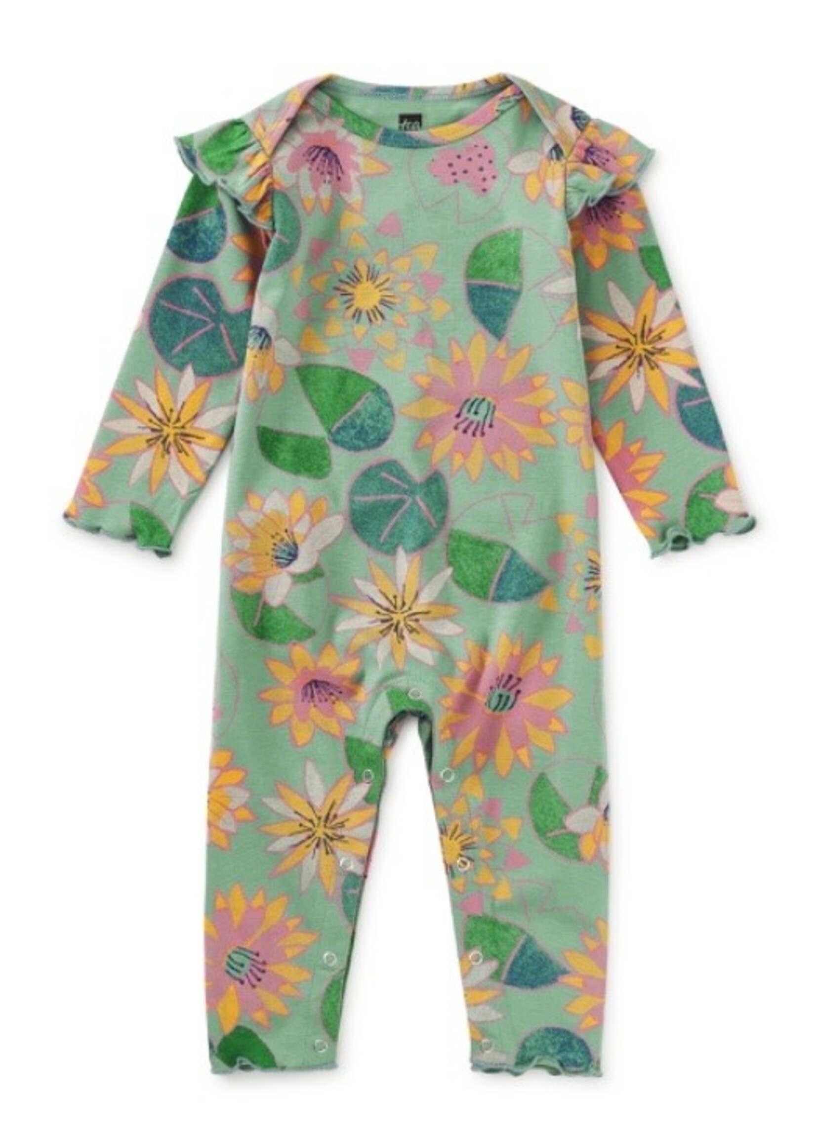 Tea Collection Tea Collection, Water Lillies Print Ruffle Shoulder Baby Romper || Chalk