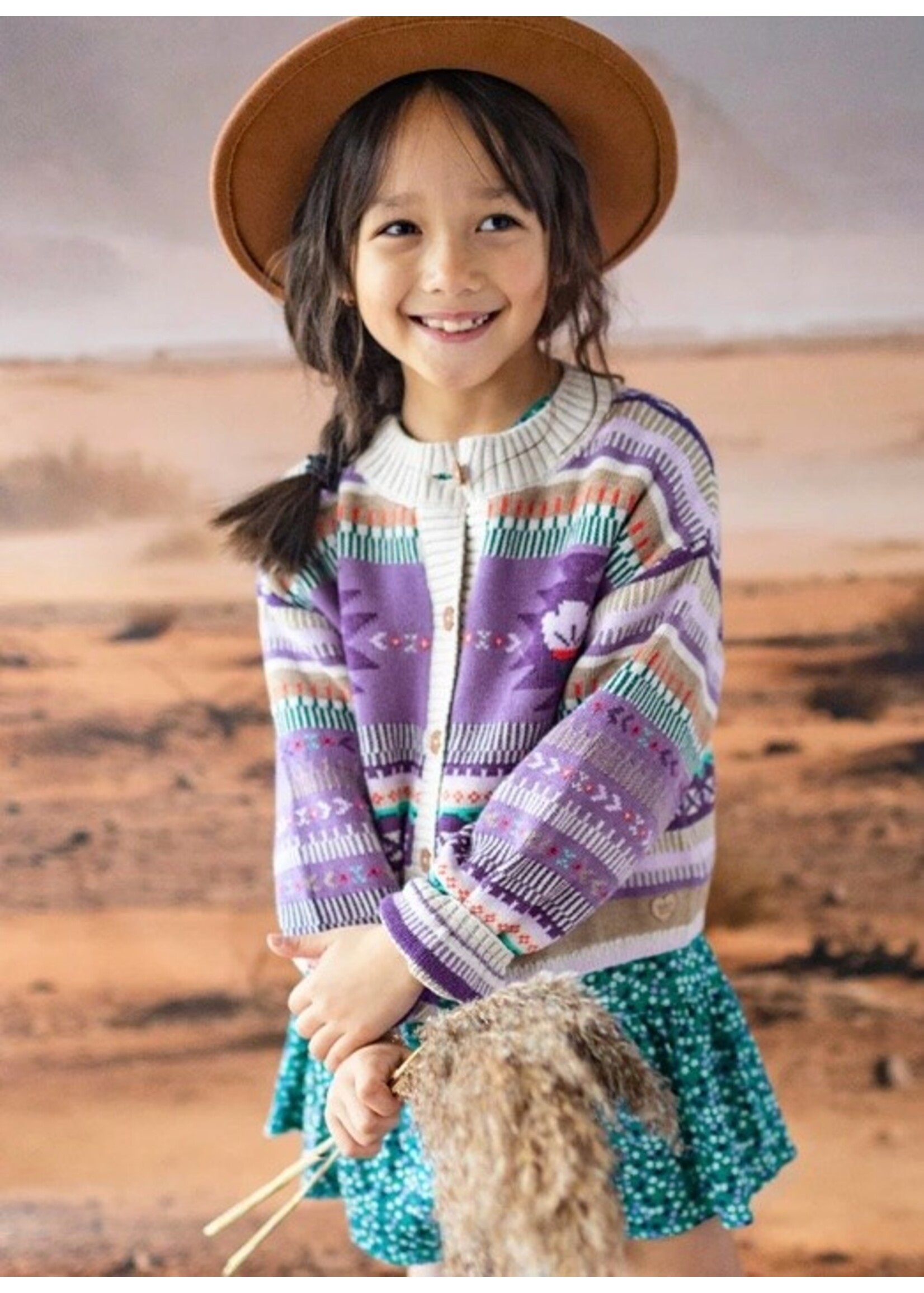 Souris Mini Souris Mini, Western Paterned Knit Cardigan || Beige / Purple