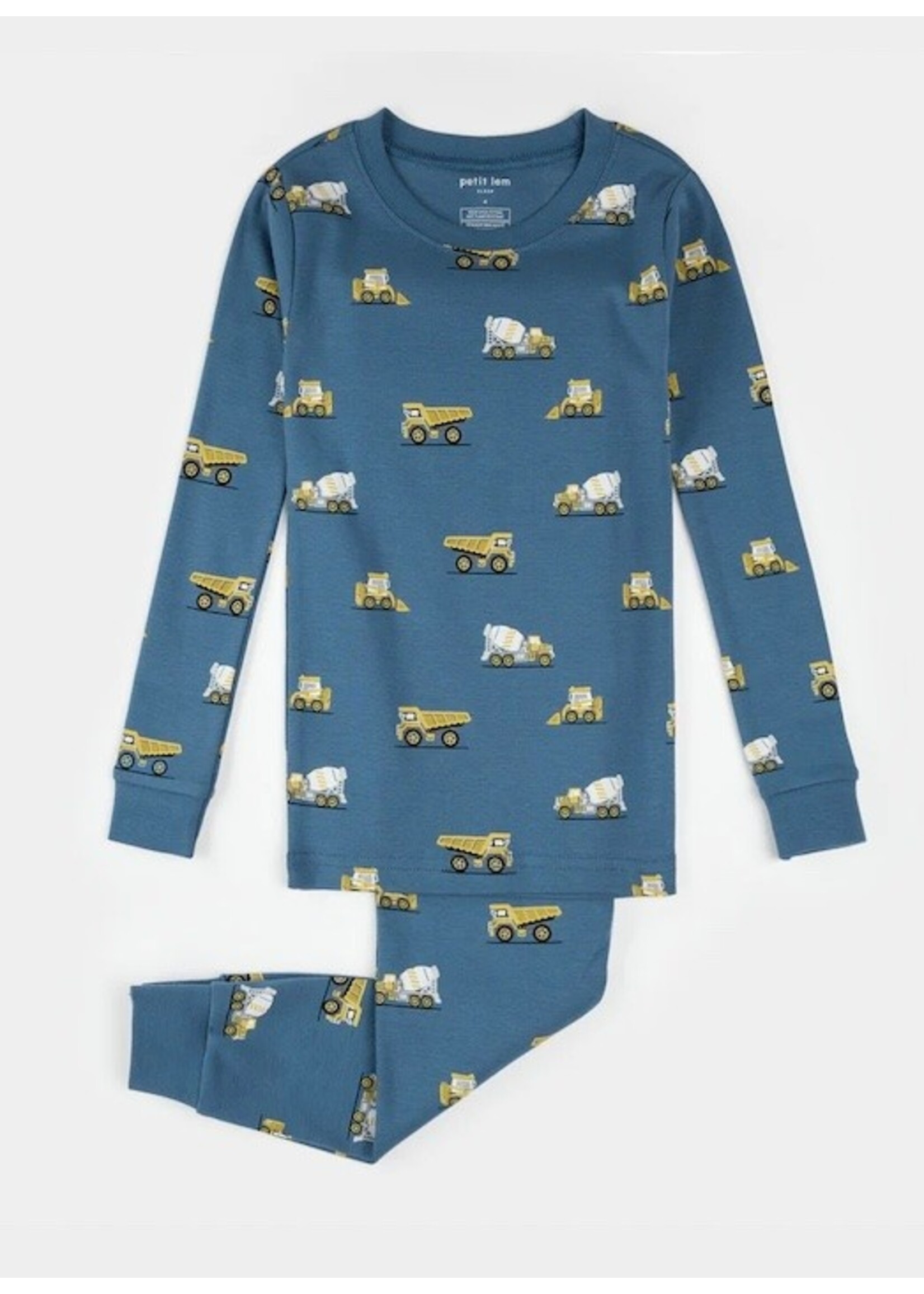 Petit Lem Petit Lem, Construction Truck Print PJ Set || Cobalt Blue