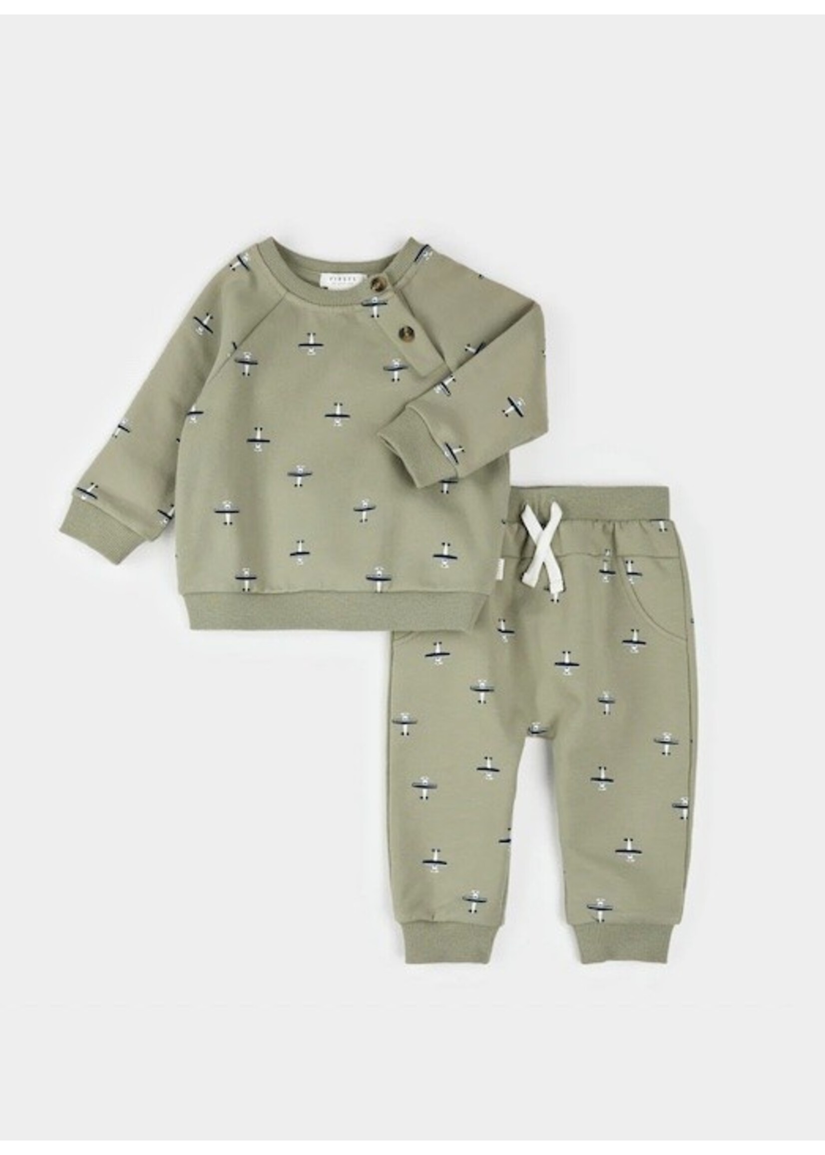 Petit Lem Petit Lem, Seaplane Print on Fall Green Outfit Set || Green