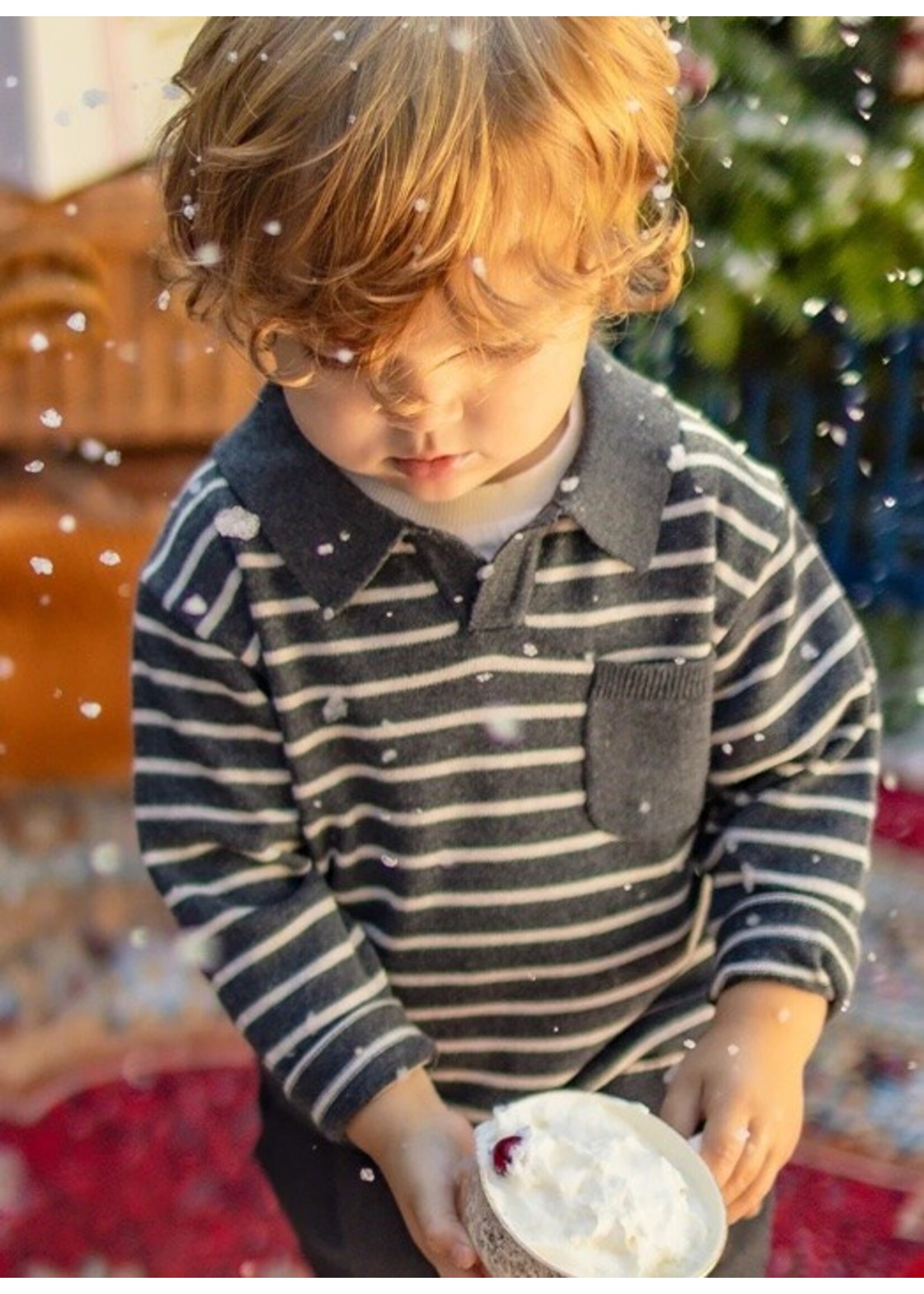 Souris Mini Souris Mini, Striped Knit Long Sleeve Polo Shirt  || Grey / Cream