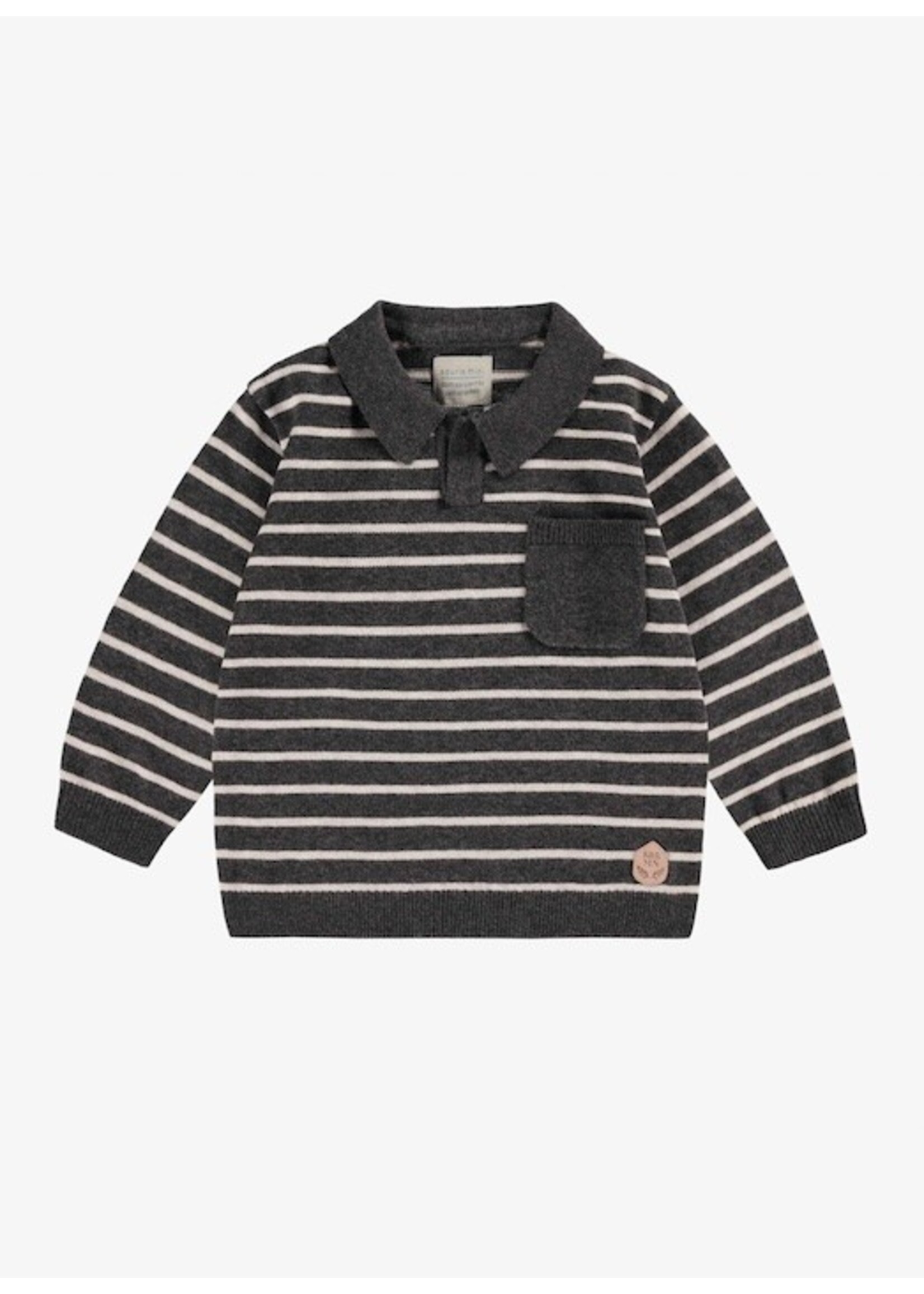Souris Mini Souris Mini, Striped Knit Long Sleeve Polo Shirt  || Grey / Cream