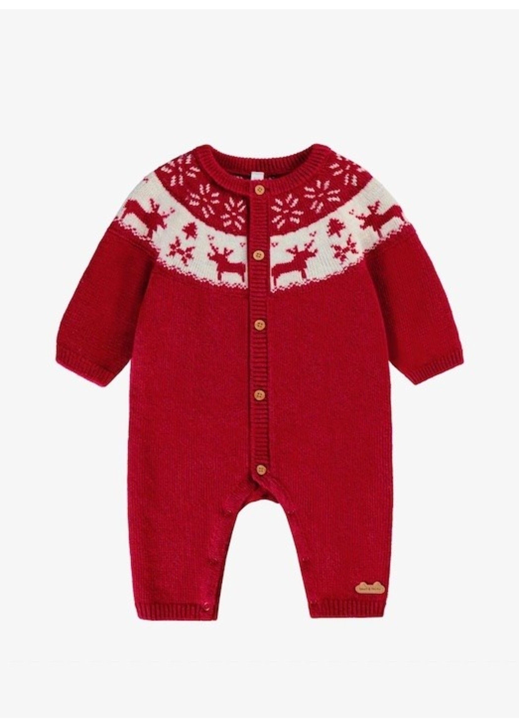 Souris Mini Souris Mini, Winter Jacquard Patterned Knit Romper || Red / White
