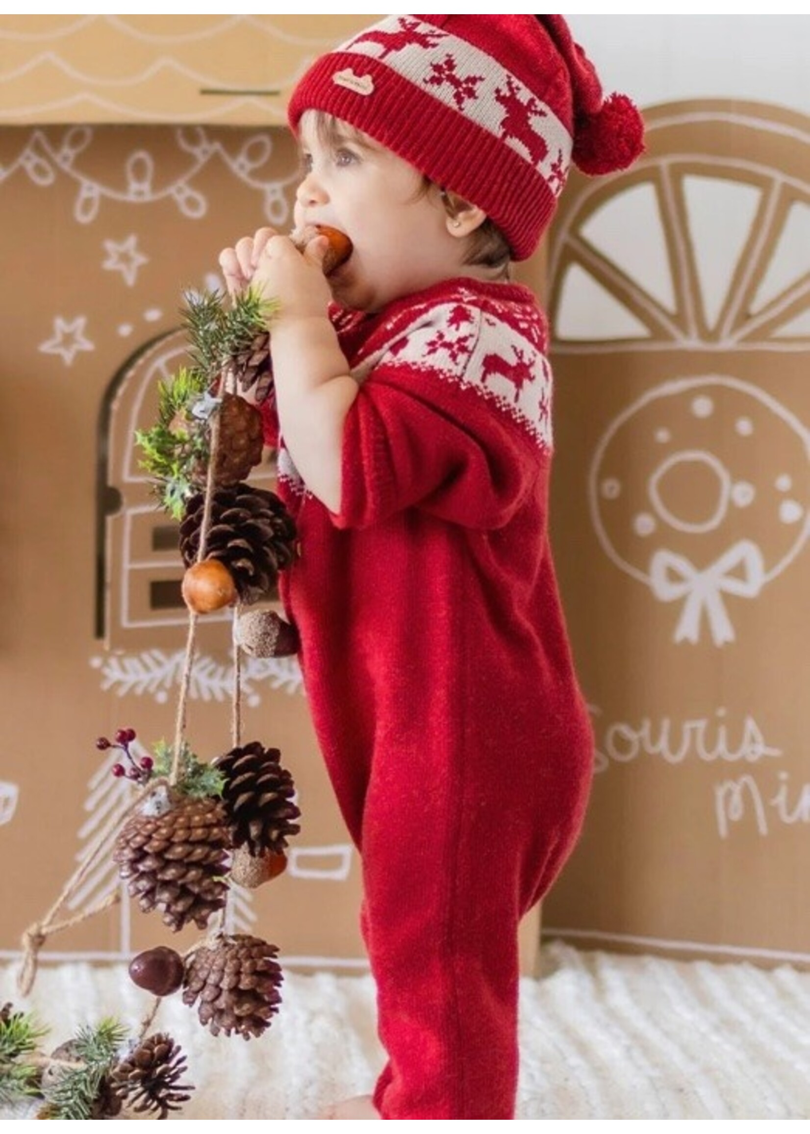 Souris Mini Souris Mini, Winter Jacquard Patterned Knit Romper || Red / White