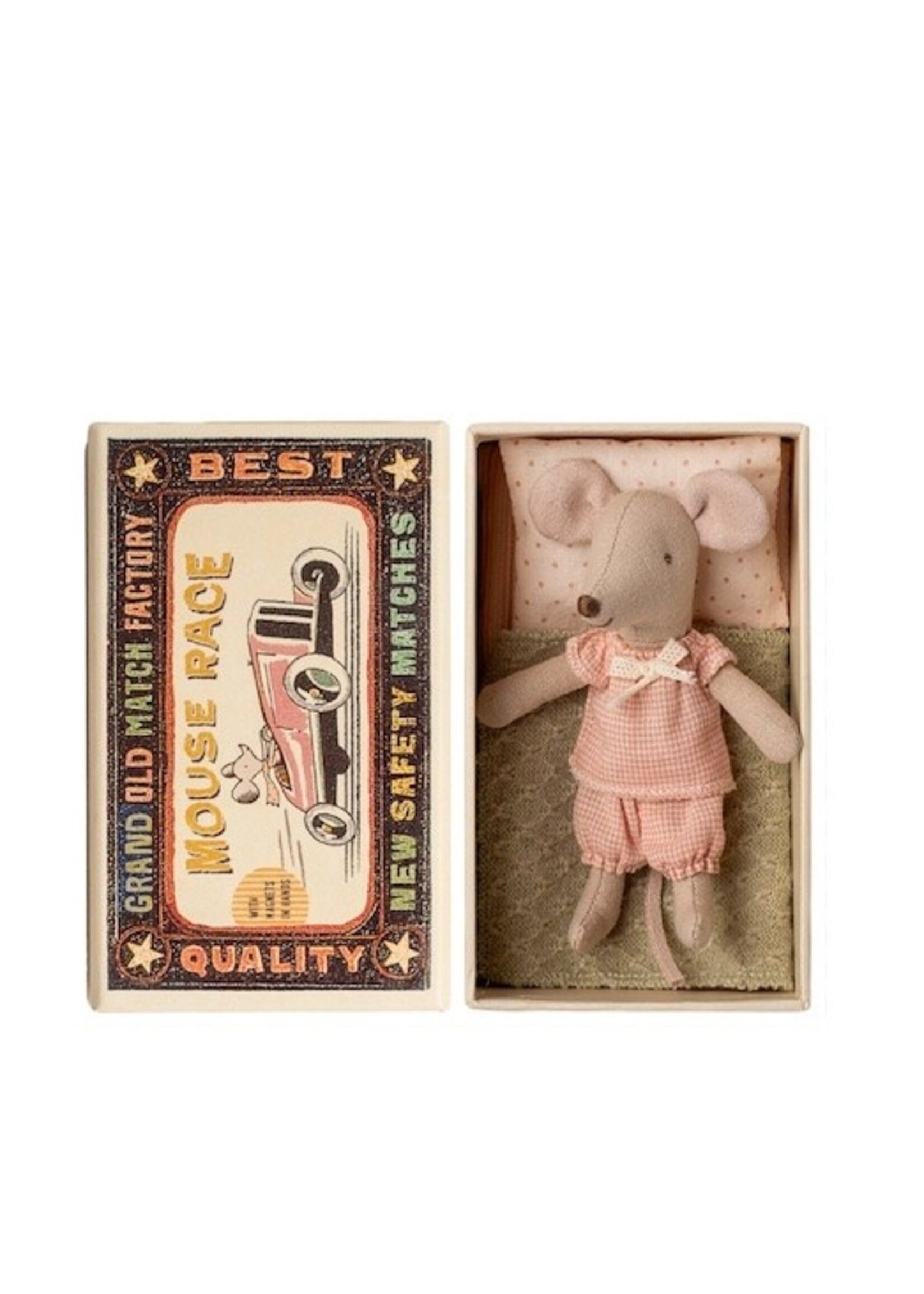 Maileg Maileg, Little Sister Mouse in Matchbox || Pink Gingham