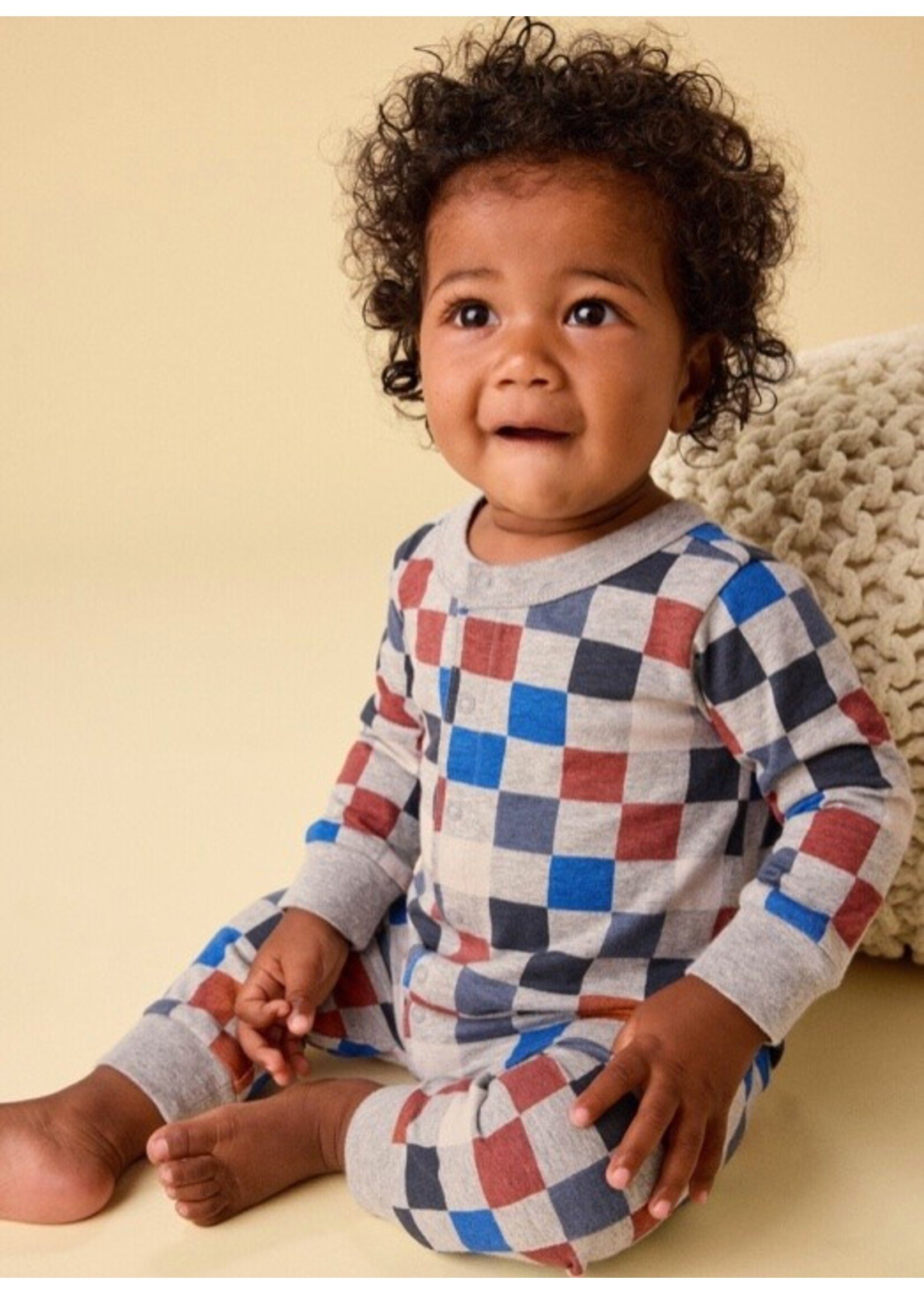 Tea Collection Tea Collection, Long Sleeve Snap Front Romper || Multicolored Checkerboard