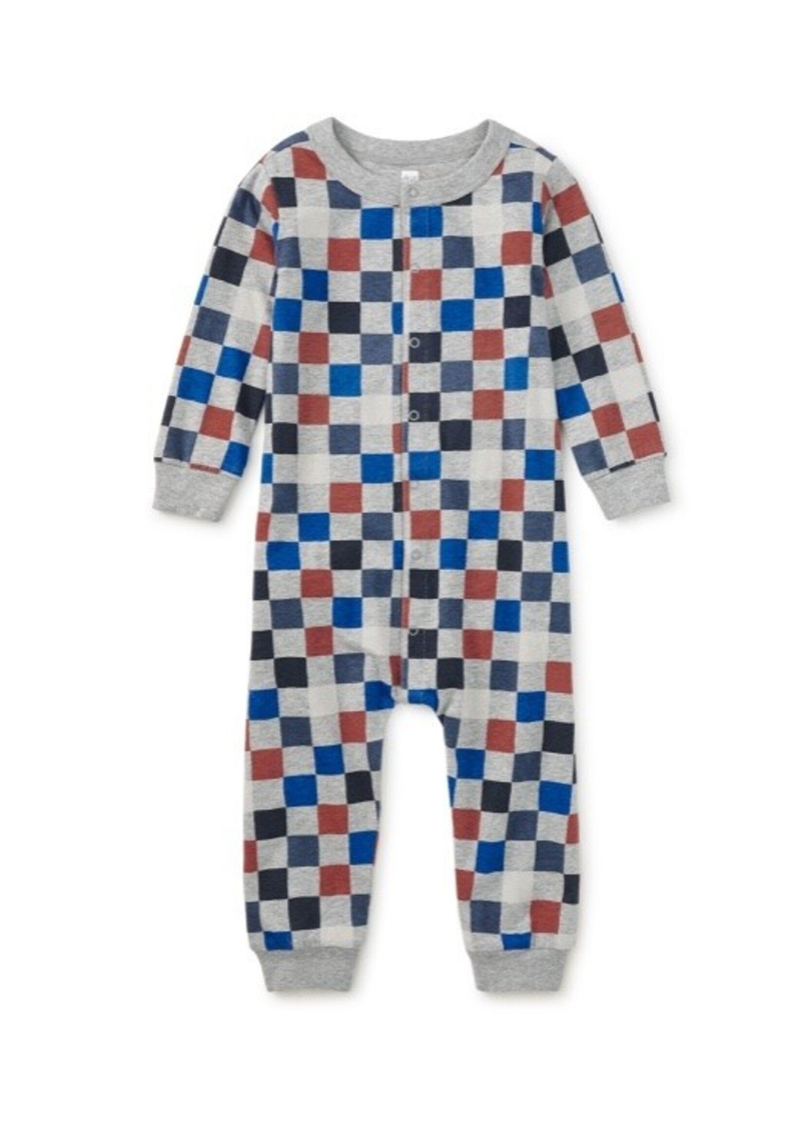 Tea Collection Tea Collection, Long Sleeve Snap Front Romper || Multicolored Checkerboard