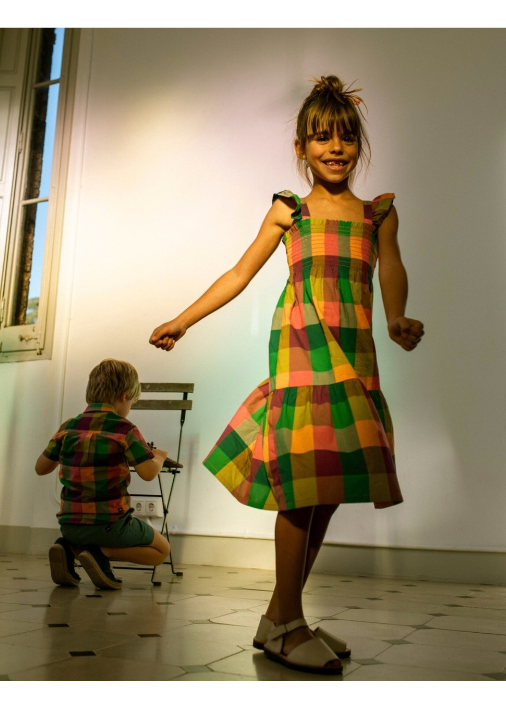 Tea Collection Tea Collection,  Smocked Flutter Sleeve Dress || Barcelona Plaid