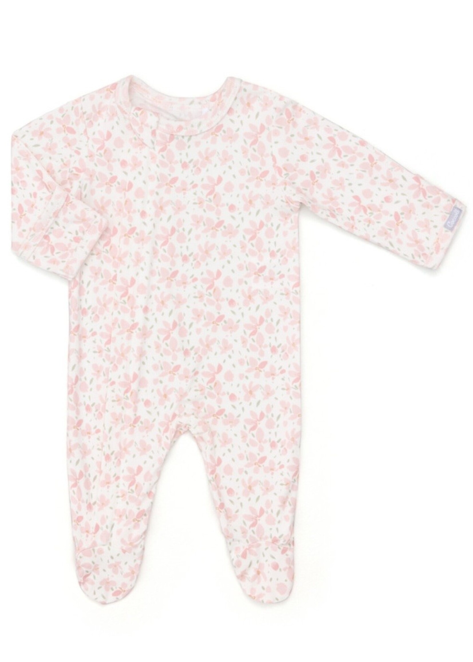 Coccoli Coccoli, Girl Pink Floral Print Modal Zipper Footie || Cream