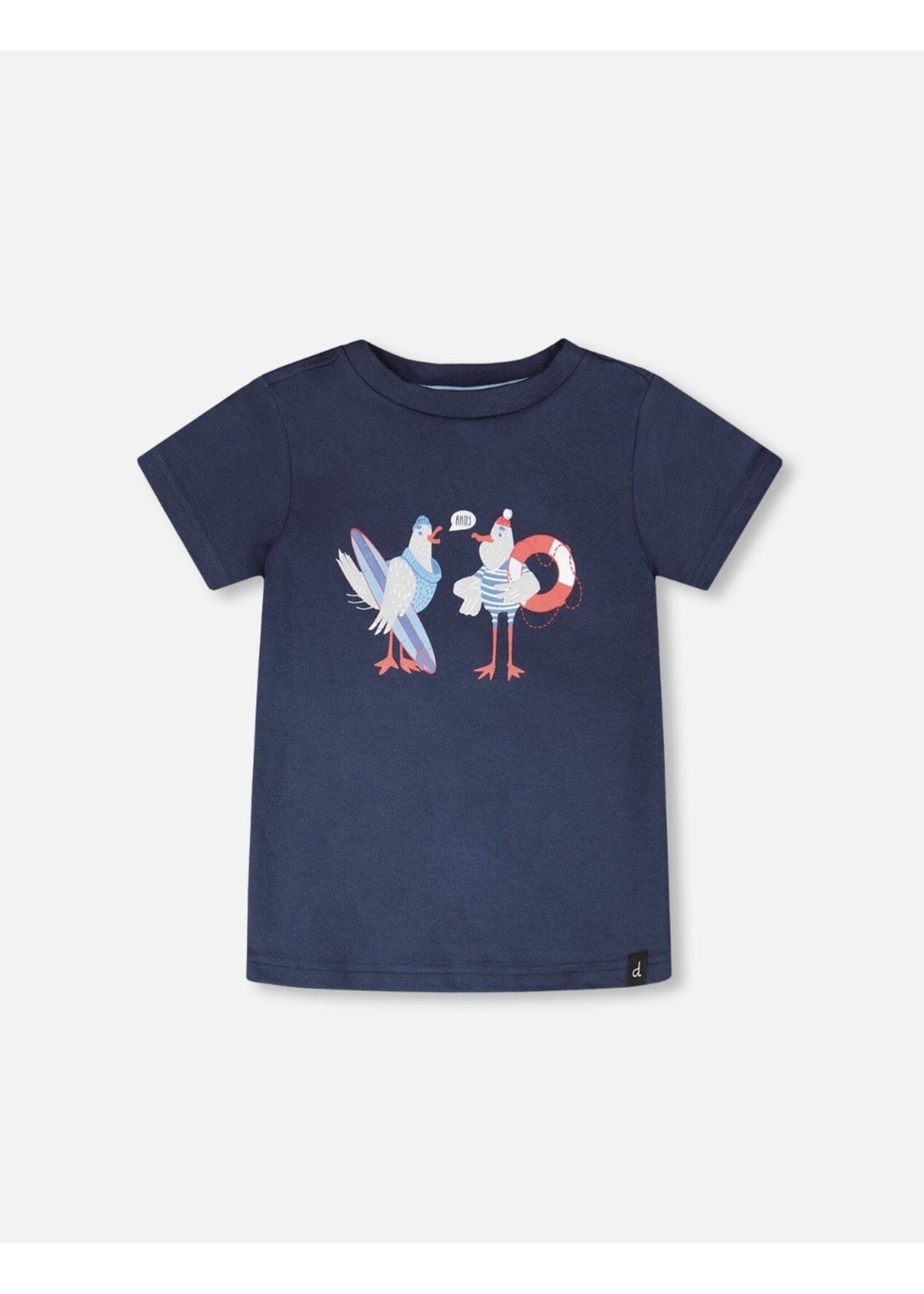 Deux Par Deux Deux Par Duex, Beach Bird Print Organic Cotton T-Shirt  || Blue