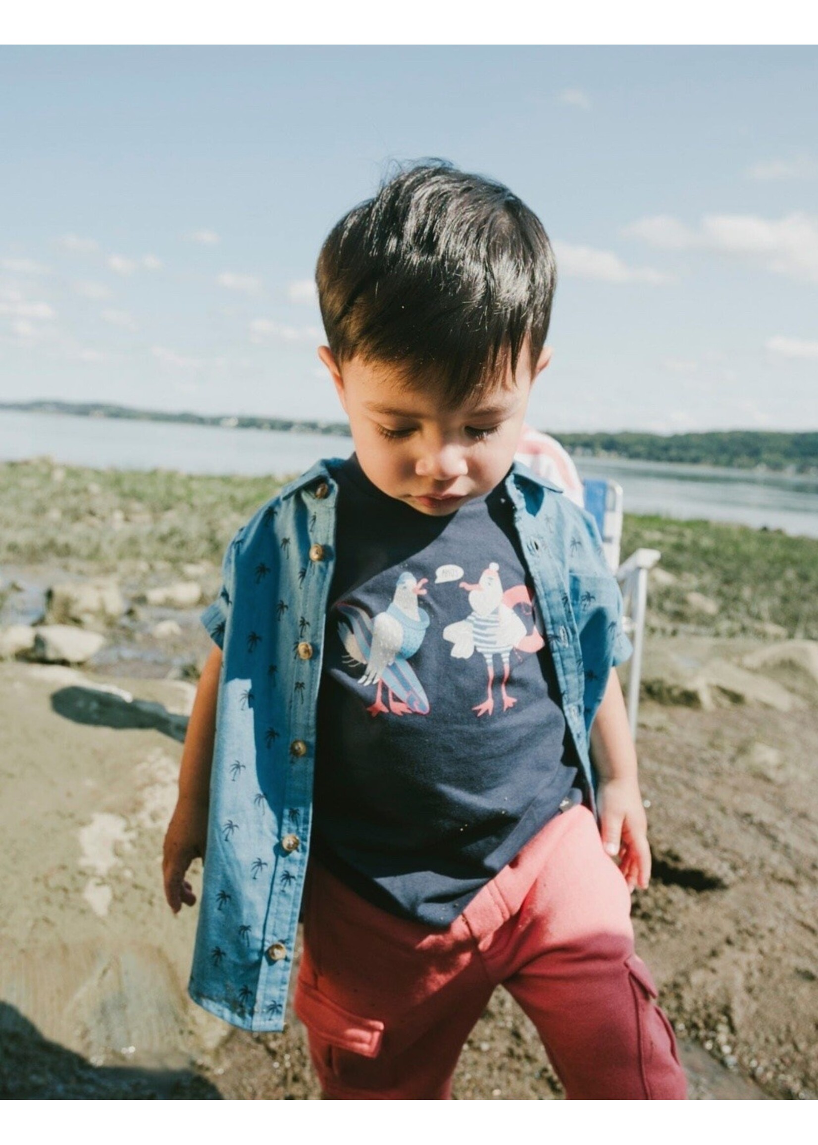 Deux Par Deux Deux Par Duex, Beach Bird Print Organic Cotton T-Shirt  || Blue