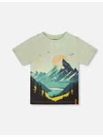 Deux Par Deux Deux Par Duex, Mountain Print Organic Cotton T-Shirt  || Sage Green
