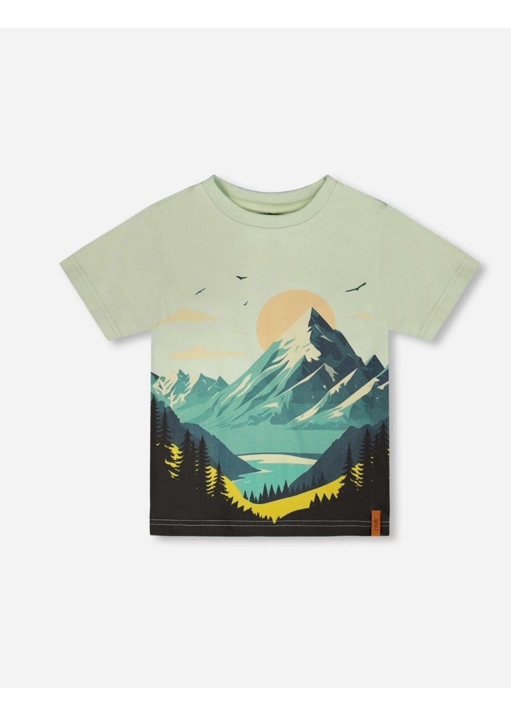 Deux Par Deux Deux Par Duex, Mountain Print Organic Cotton T-Shirt  || Sage Green