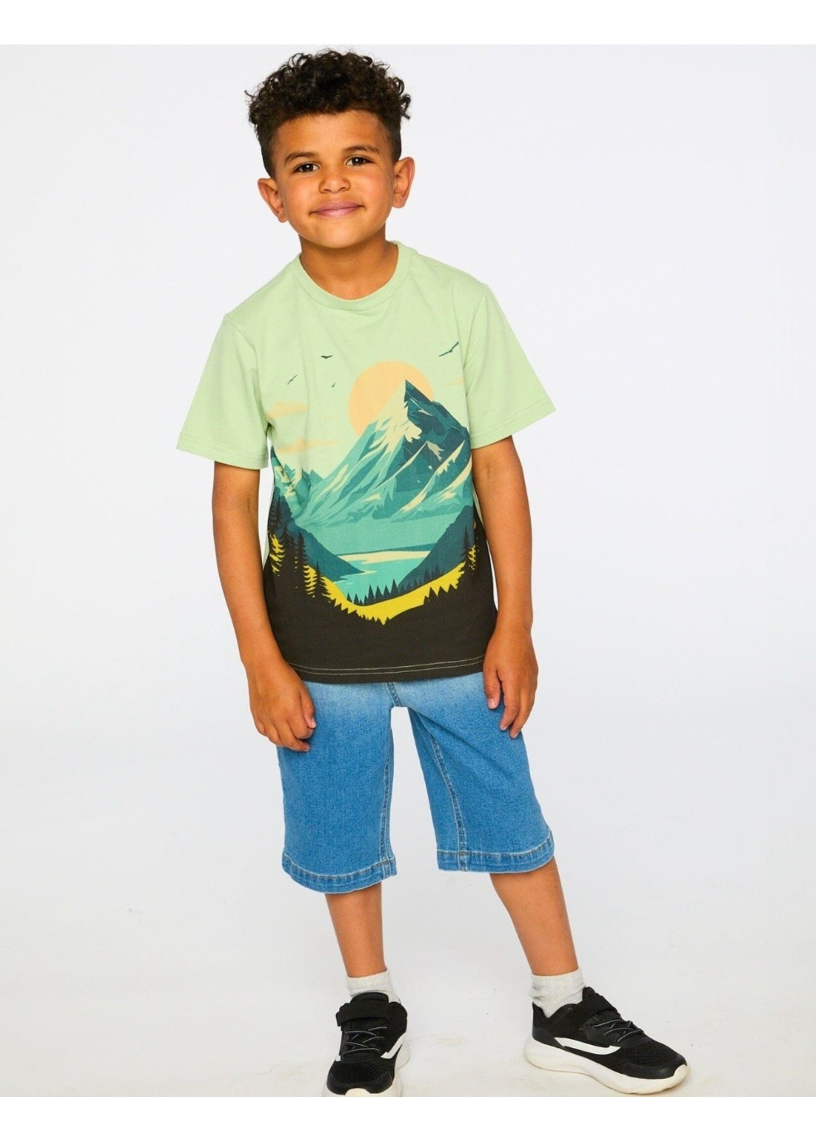 Deux Par Deux Deux Par Duex, Mountain Print Organic Cotton T-Shirt  || Sage Green