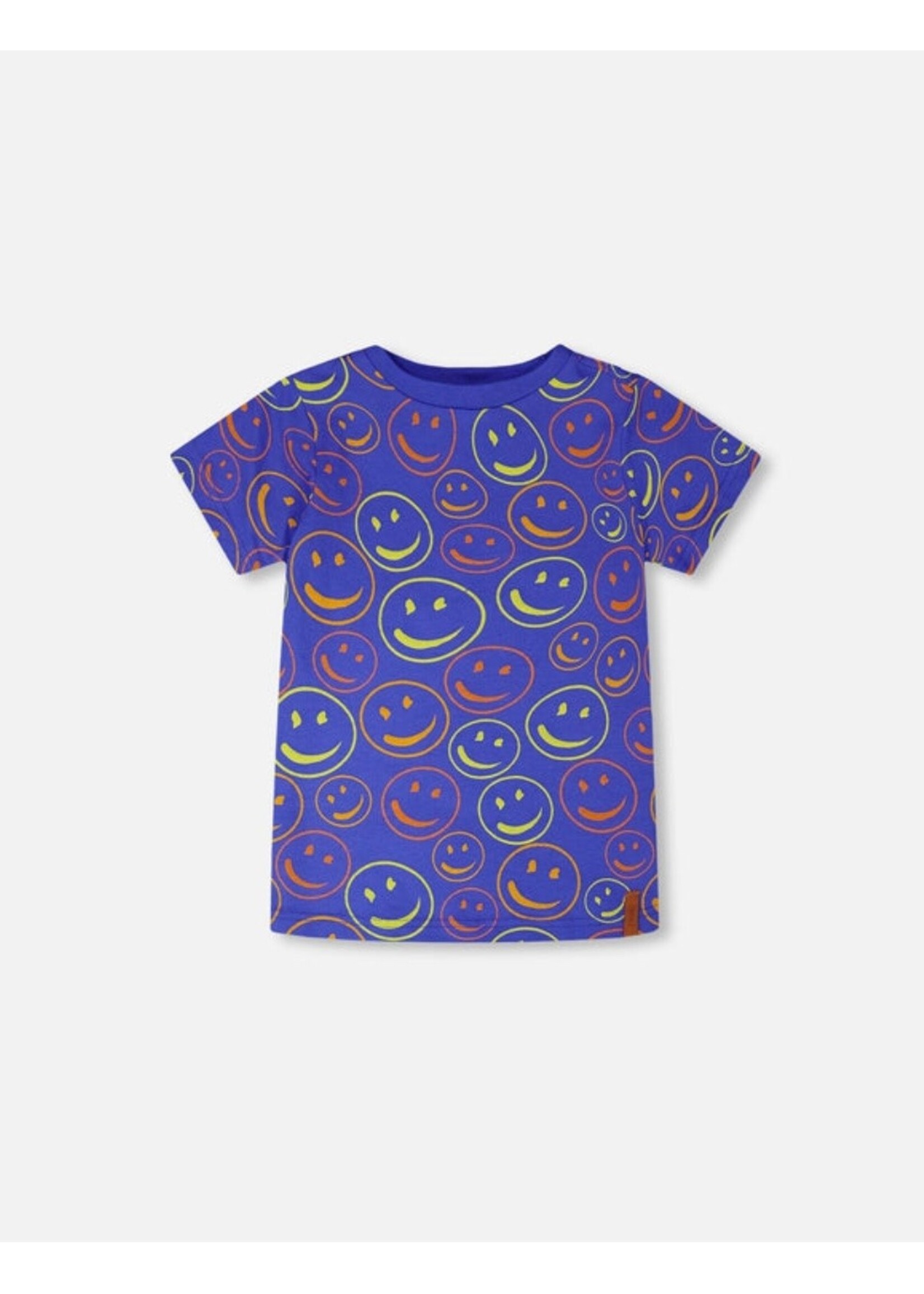 Deux Par Deux Deux Par Duex, Smiley Print Organic Cotton T-Shirt  || Blue