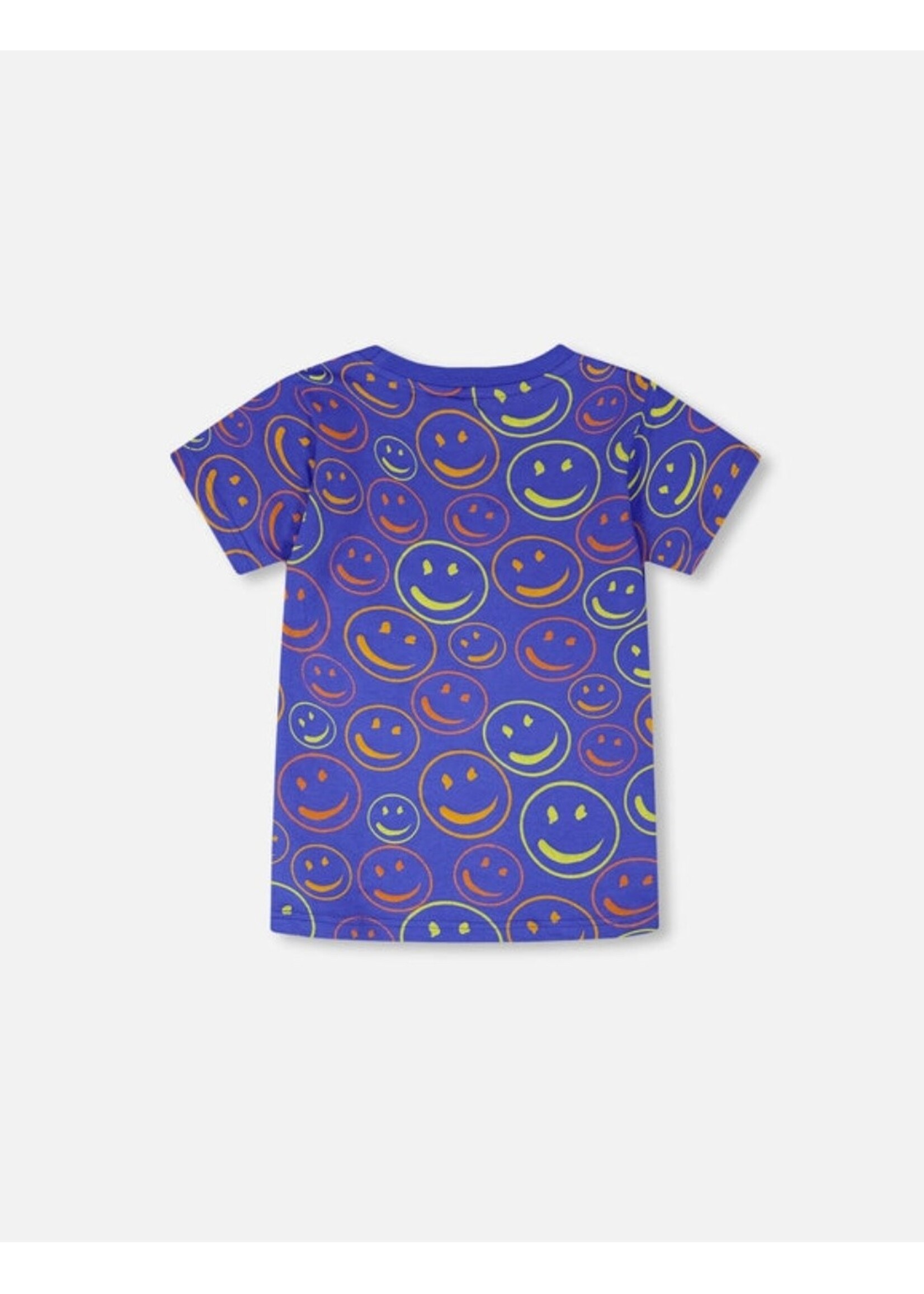 Deux Par Deux Deux Par Duex, Smiley Print Organic Cotton T-Shirt  || Blue