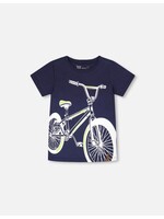 Deux Par Deux Deux Par Duex, Bike Print Organic Cotton T-Shirt  || Navy Blue