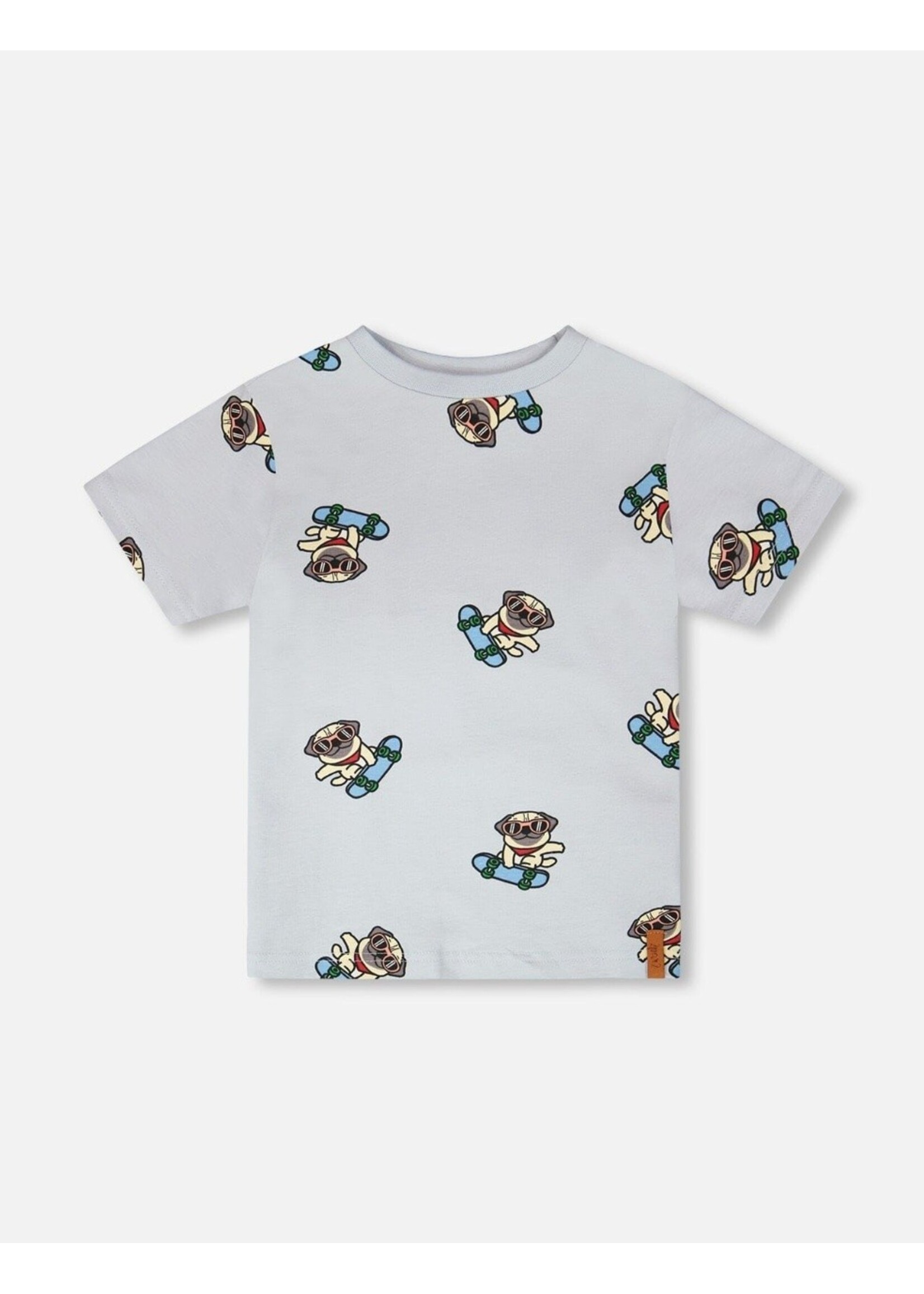 Deux Par Deux Deux Par Duex, Pug Print Organic Cotton T-Shirt  || Blue