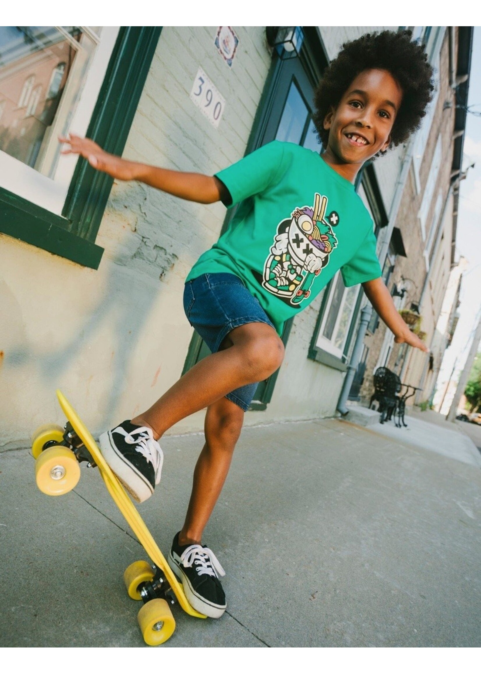 Deux Par Deux Deux Par Duex, Ramen Print Organic Cotton T-Shirt  || Green