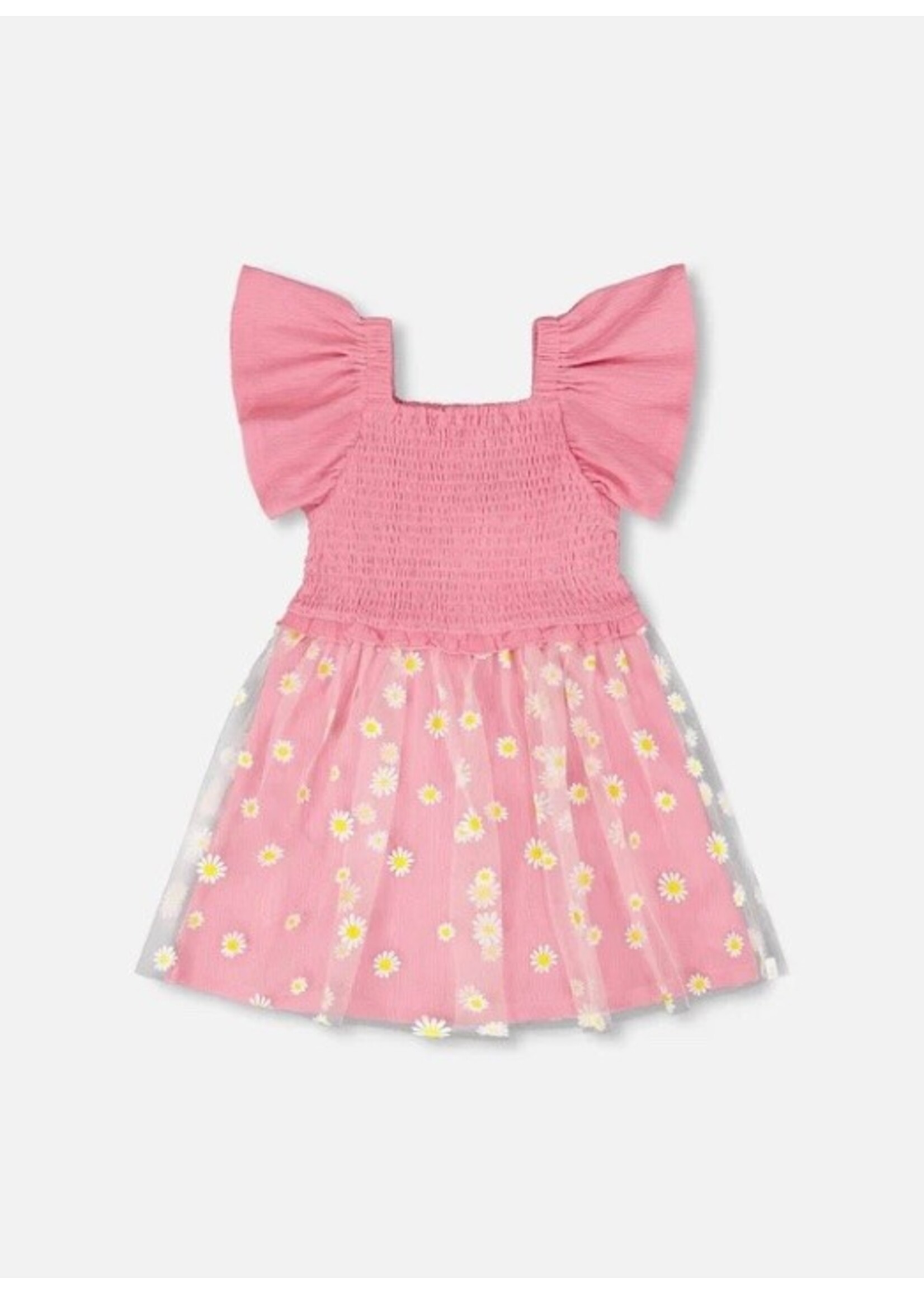 Deux Par Deux Deux Par Duex, Mesh And Crinkle Jersey Dress With Smocking || Pink