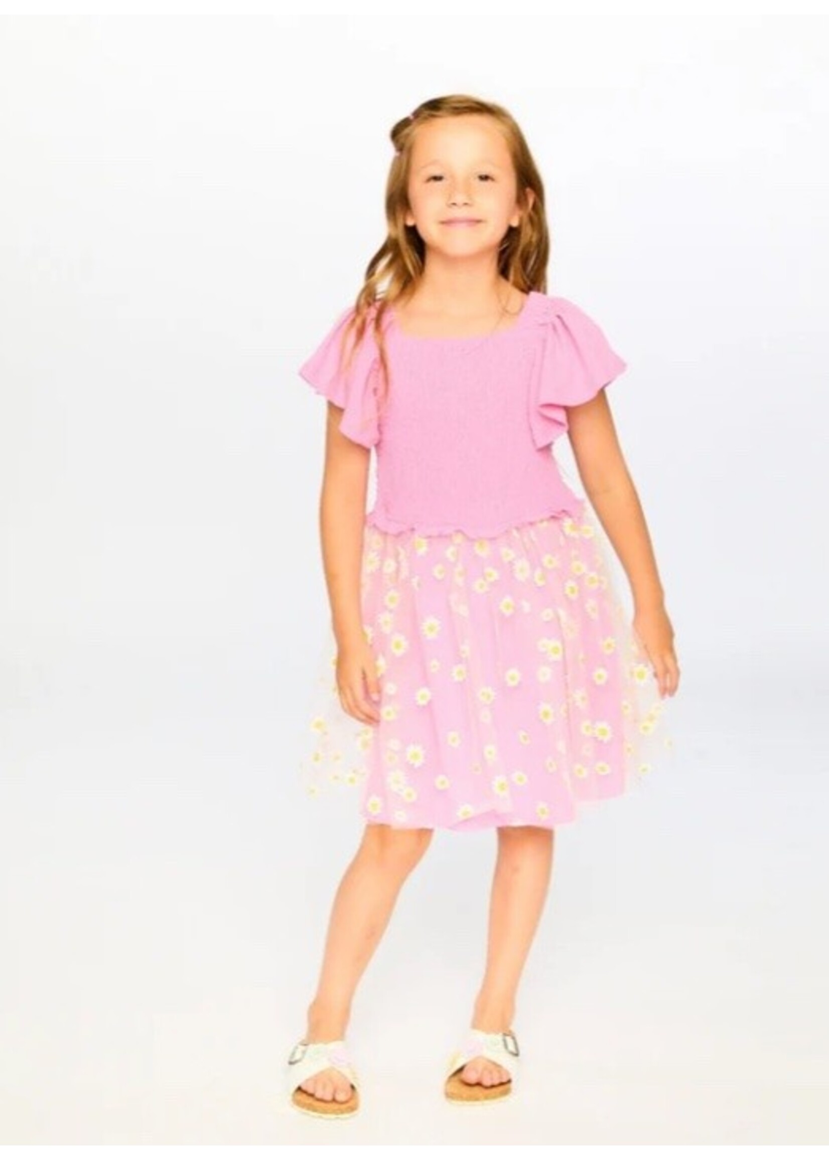 Deux Par Deux Deux Par Duex, Mesh And Crinkle Jersey Dress With Smocking || Pink