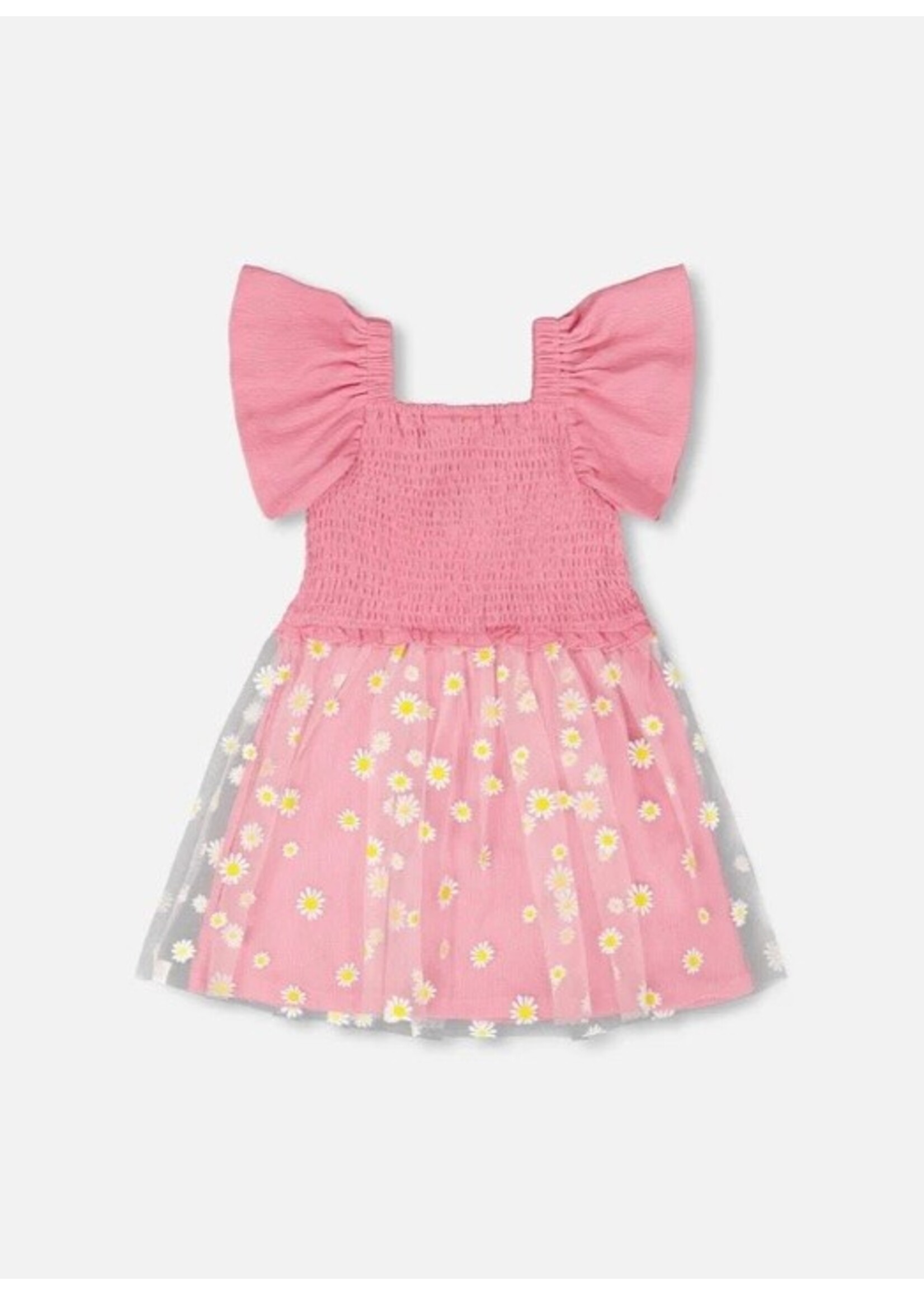 Deux Par Deux Deux Par Duex, Mesh And Crinkle Jersey Dress With Smocking || Pink