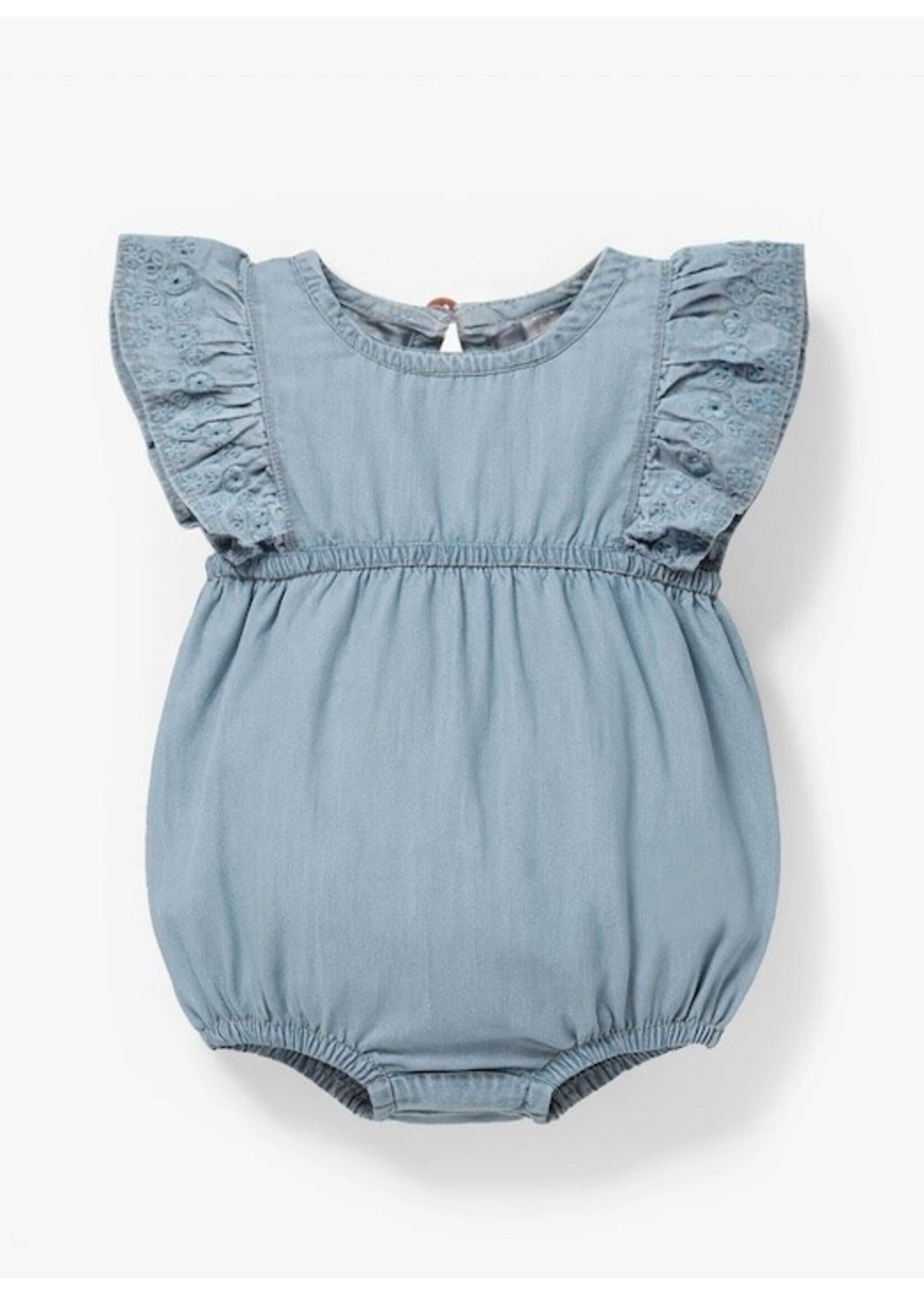 Souris Mini Souris Mini,  Eyelet Embroidered Denim Romper || Light Blue