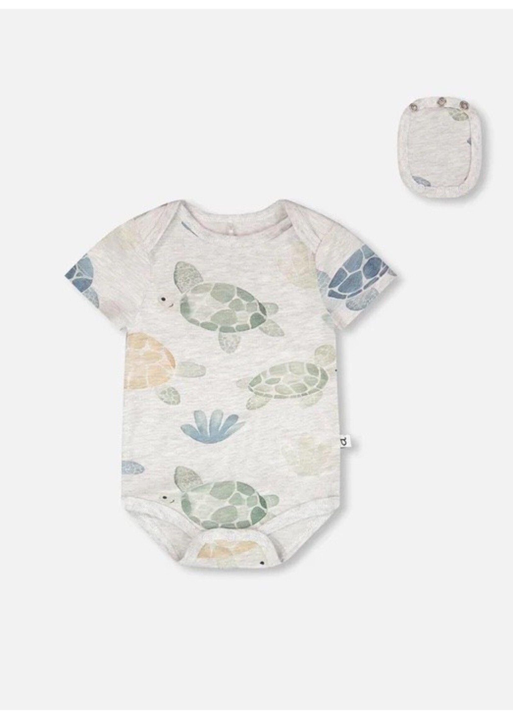 Deux Par Deux Deux Par Duex, Turtle Print Evolutive Organic Cotton Onesie || Grey Mix