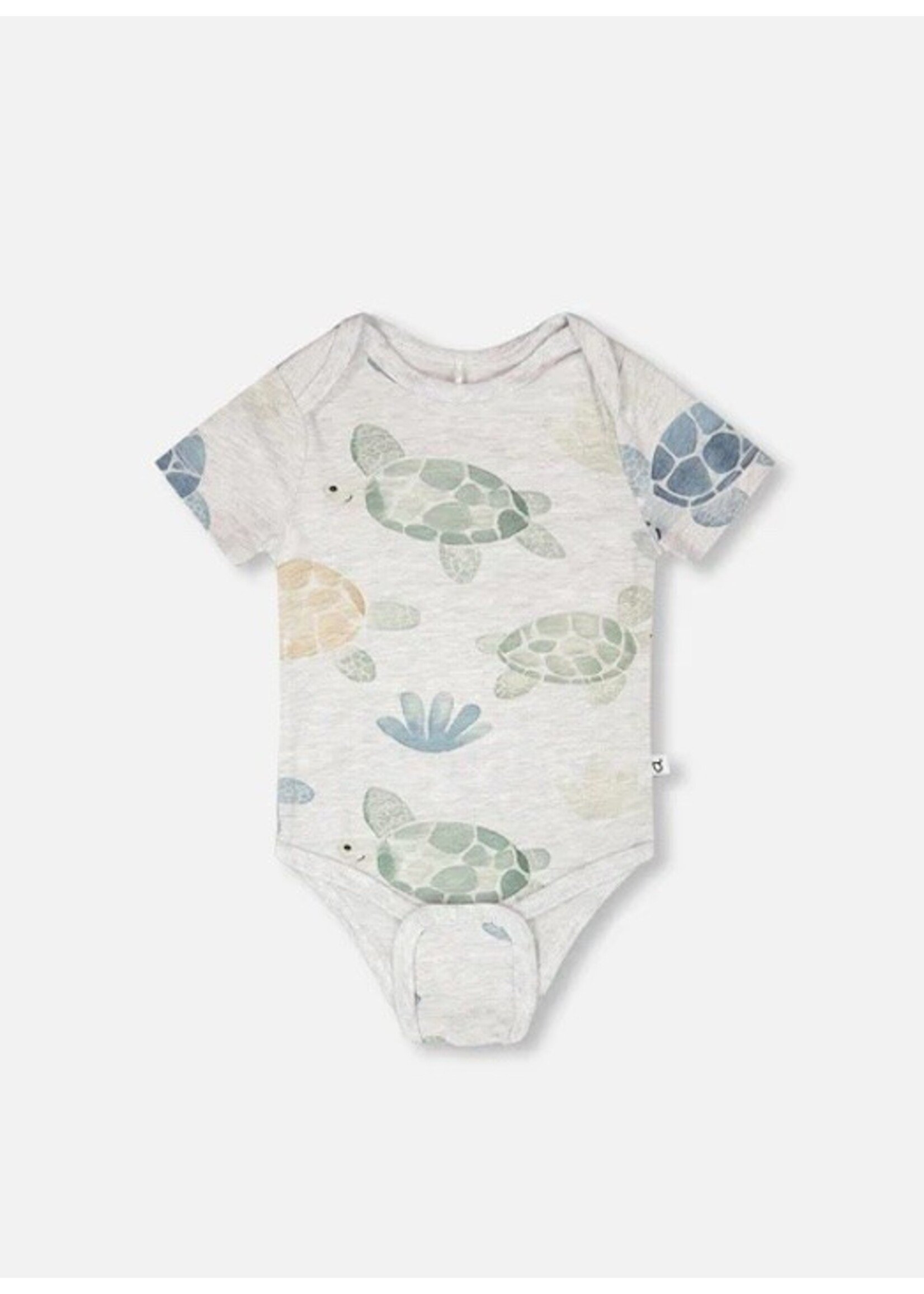 Deux Par Deux Deux Par Duex, Turtle Print Evolutive Organic Cotton Onesie || Grey Mix