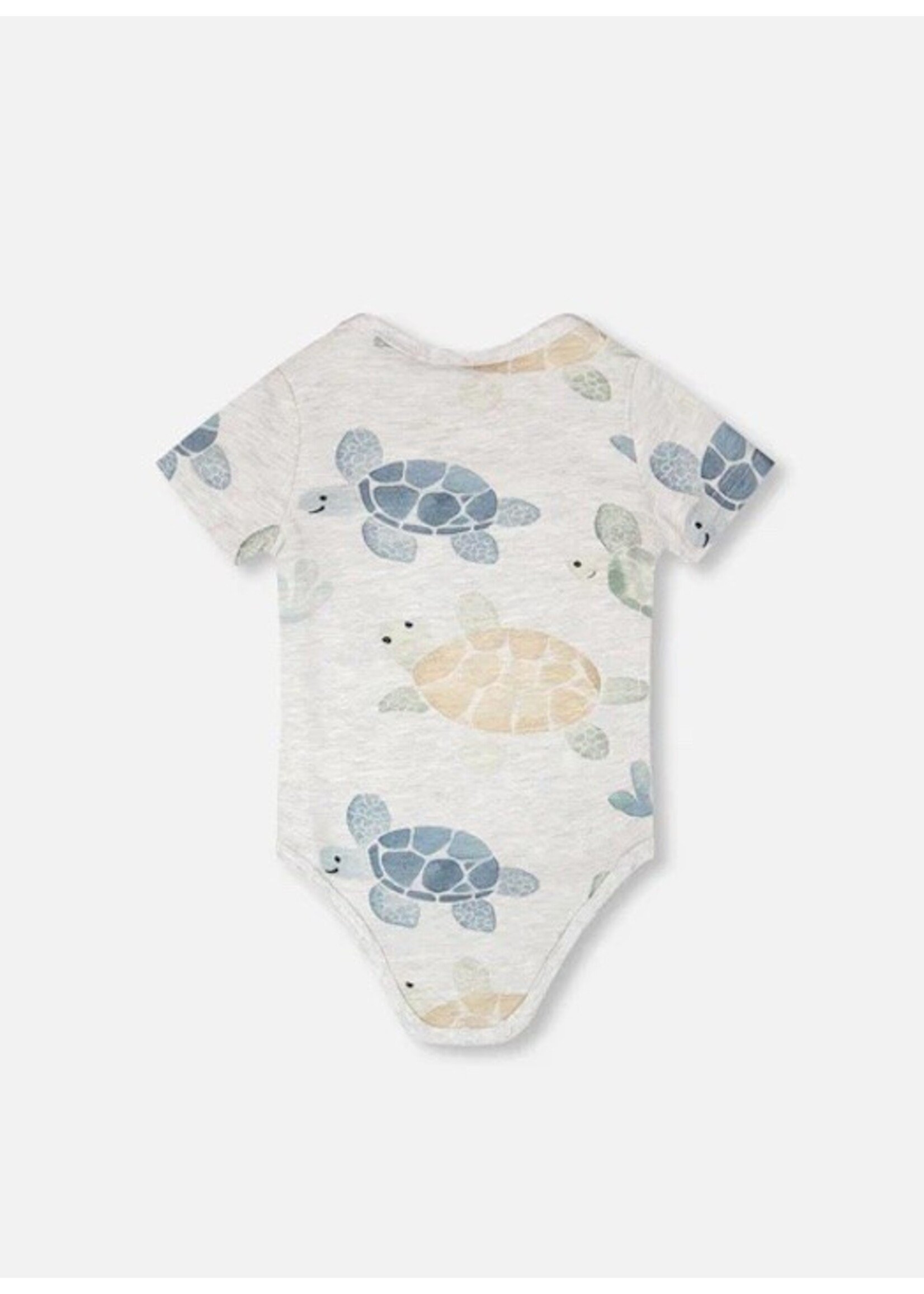 Deux Par Deux Deux Par Duex, Turtle Print Evolutive Organic Cotton Onesie || Grey Mix