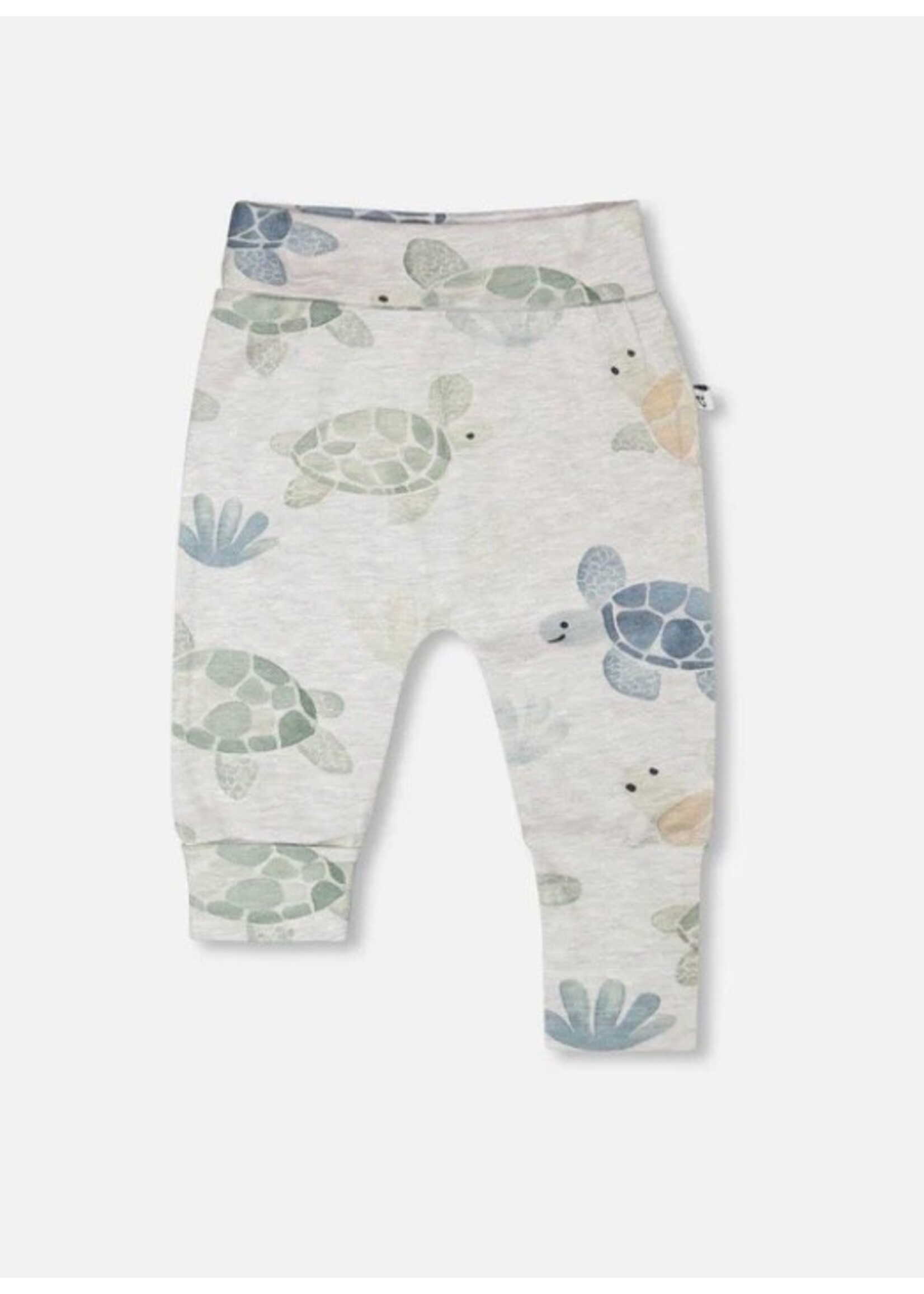 Deux Par Deux Deux Par Duex, Turtle Print Organic Cotton Jersey Evolutive Pants || Grey Mix