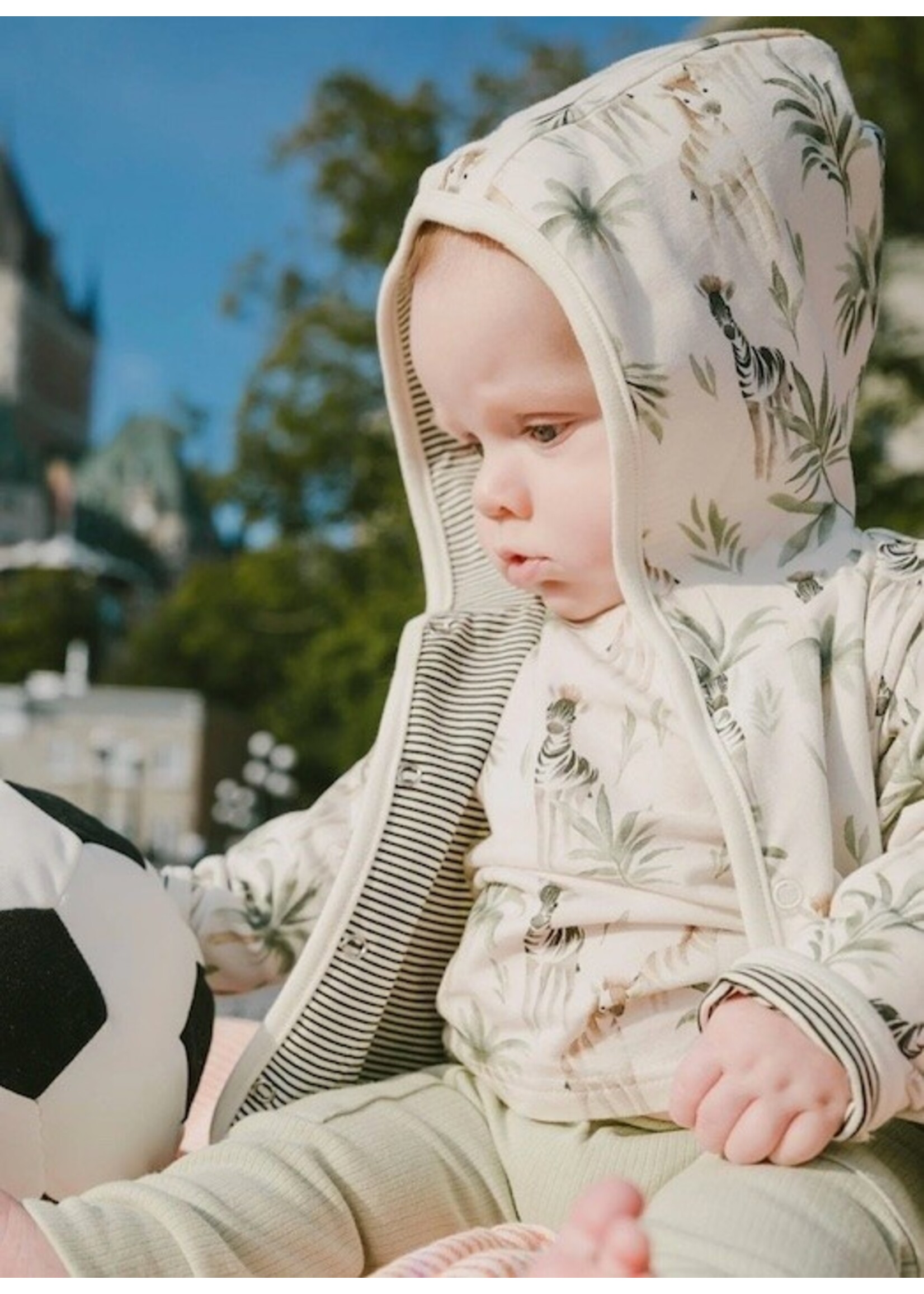 Deux Par Deux Deux Par Duex, Zebra Print Organic Cotton Reversible Hooded Jacket || Beige