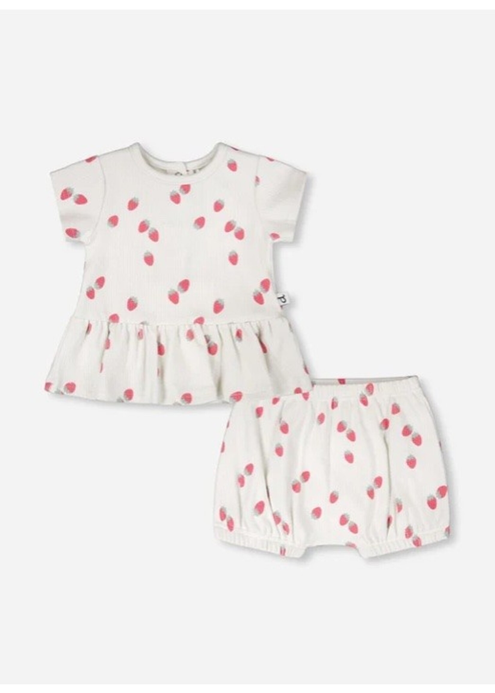 Deux Par Deux Deux Par Duex, Strawberry Print Cotton Rib Jersey Top And Short Set || White
