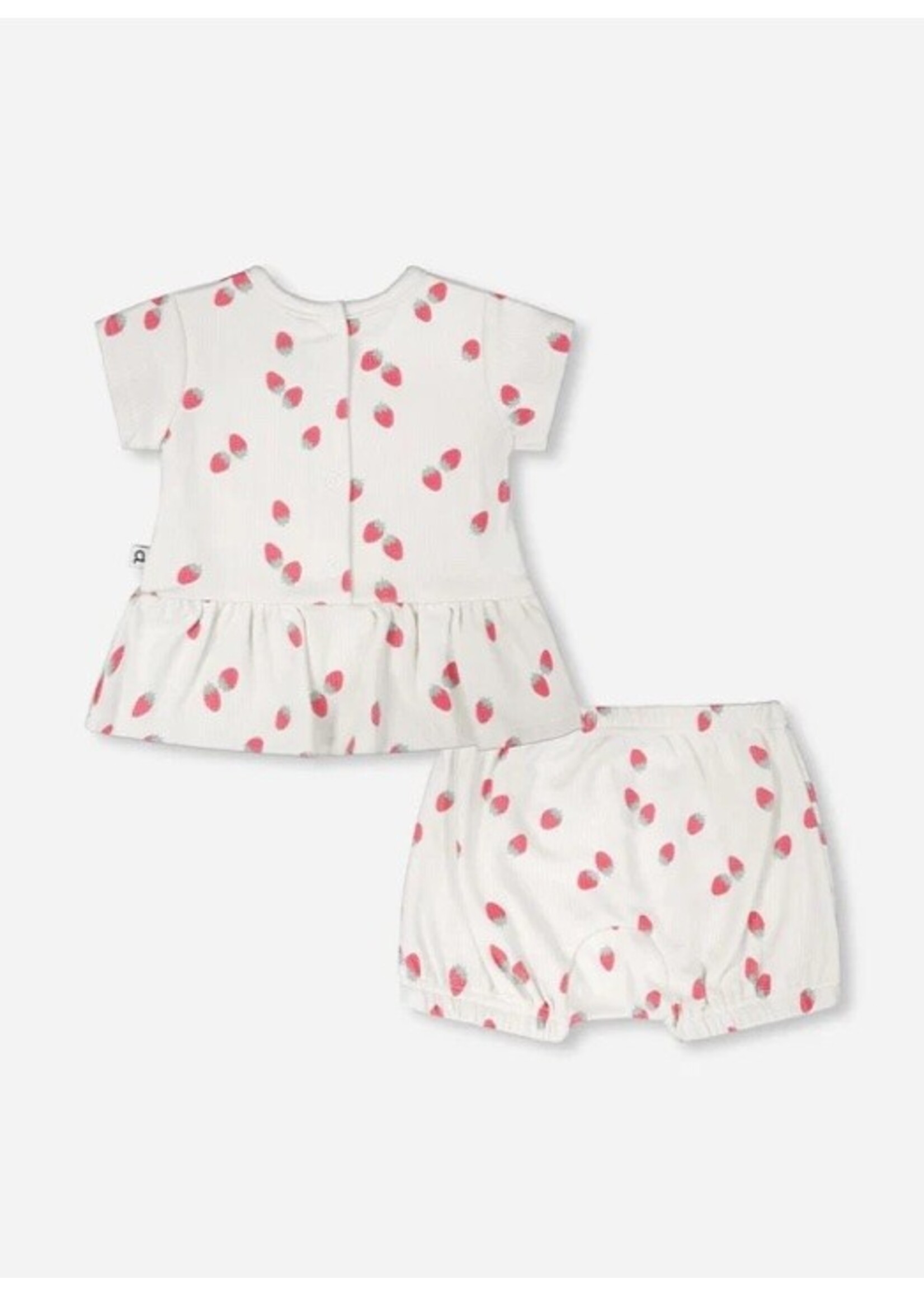 Deux Par Deux Deux Par Duex, Strawberry Print Cotton Rib Jersey Top And Short Set || White