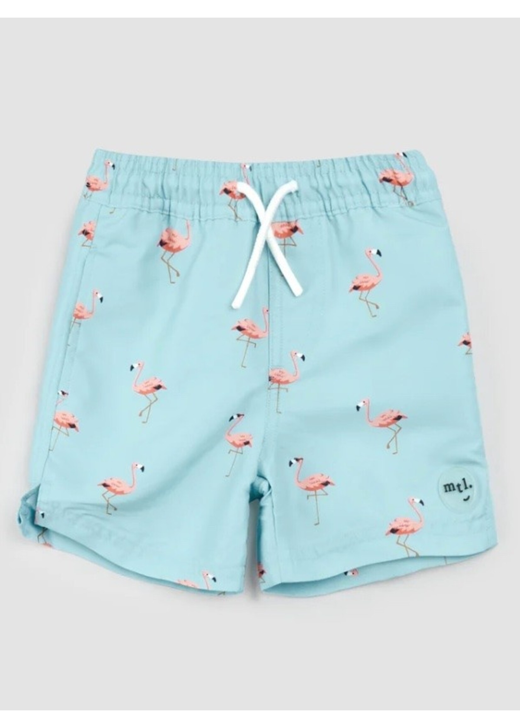 Miles the Label Miles Baby, Flamingo Print Swim Trunks || Canal Blue