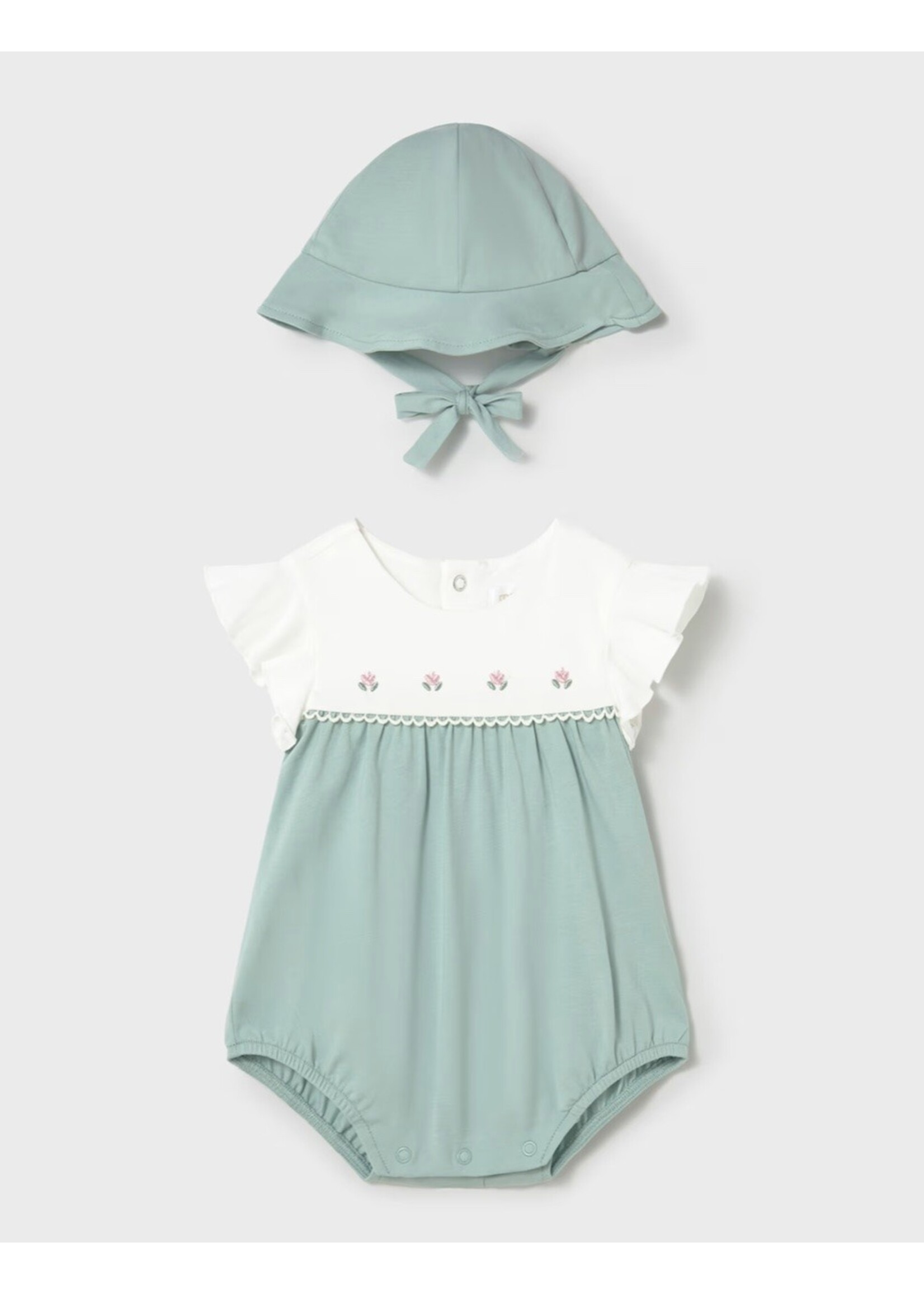 Mayoral Mayoral, Baby Girl Floral Romper with Hat || Aqua