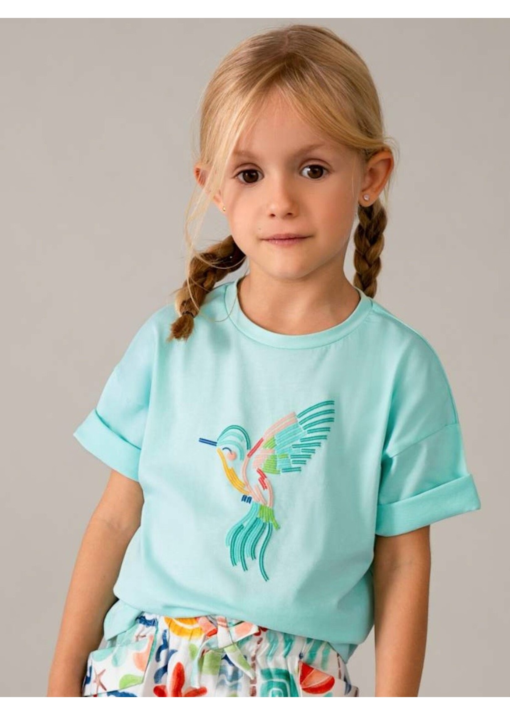 Mayoral Mayoral, Girl Bird Print Drop Shoulder T-shirt || Anise