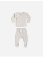 Quincy Mae Quincy Mae, Wrap Top + Footed Pant Set || Oat Micro Stripe