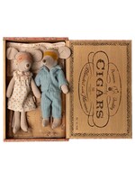 Maileg Maileg, Mum & Dad Mice in Cigar Box || Peach Polka dot / Blue Stripe