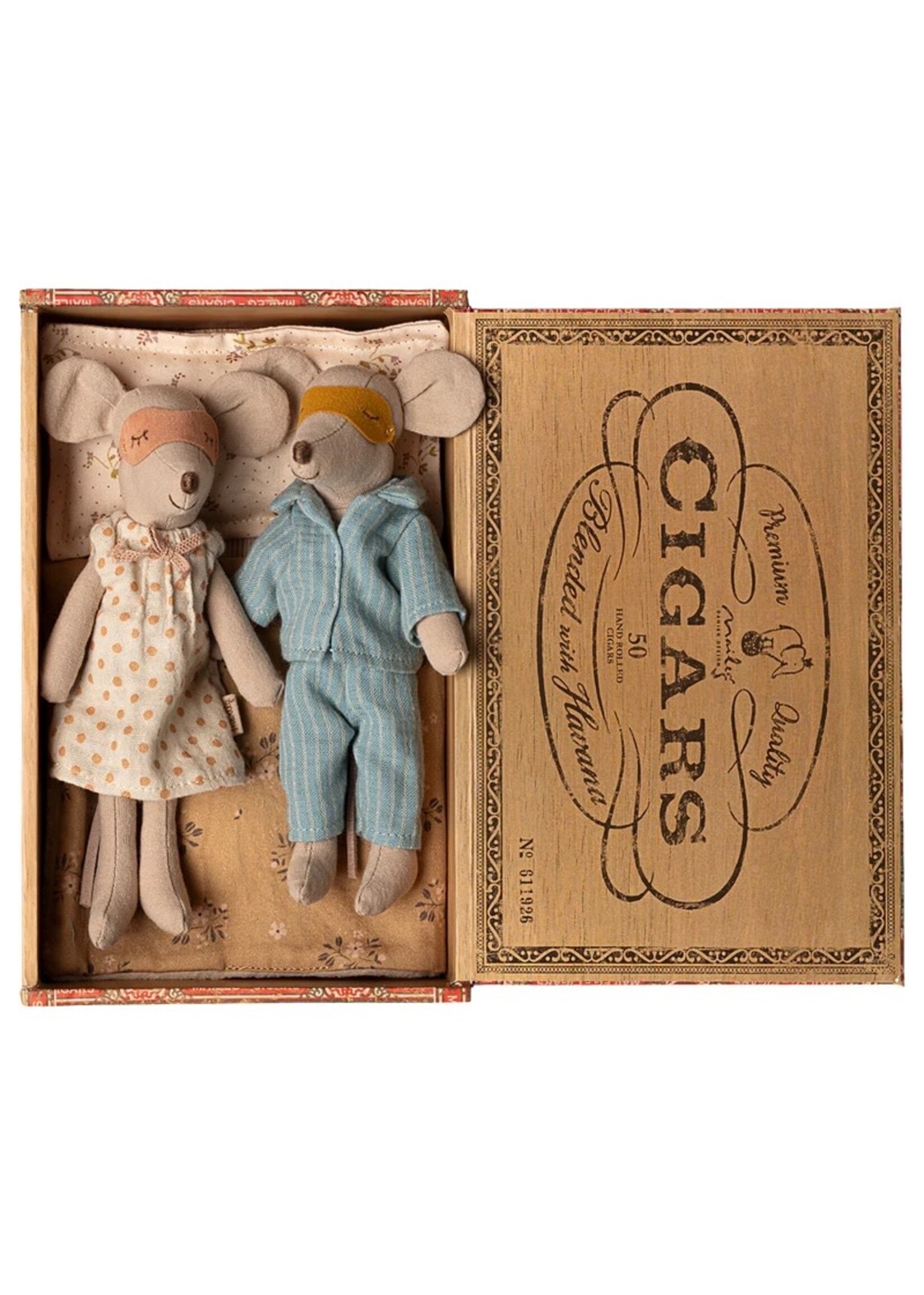 Maileg Maileg, Mum & Dad Mice in Cigar Box || Peach Polka dot / Blue Stripe