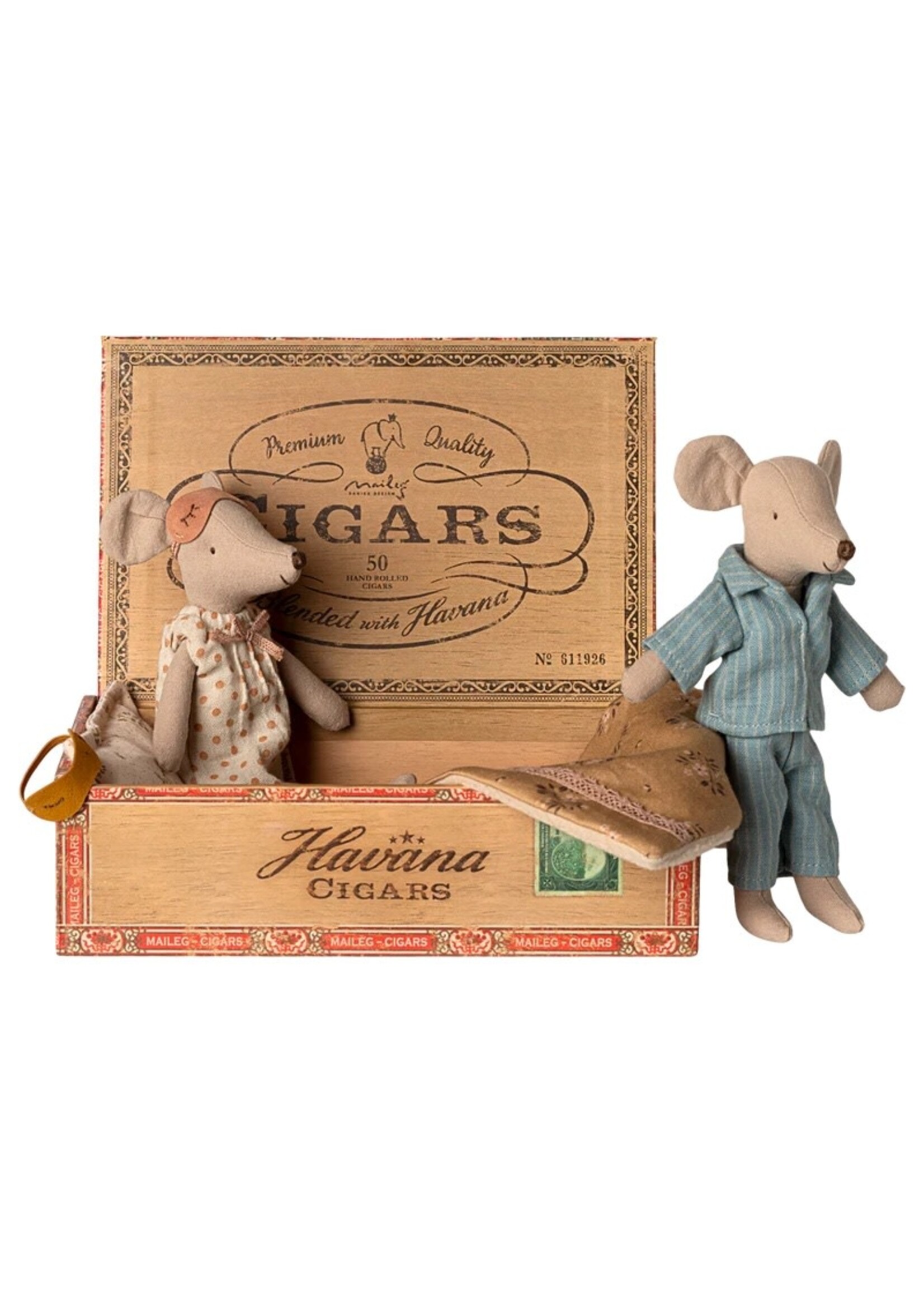 Maileg Maileg, Mum & Dad Mice in Cigar Box || Peach Polka dot / Blue Stripe