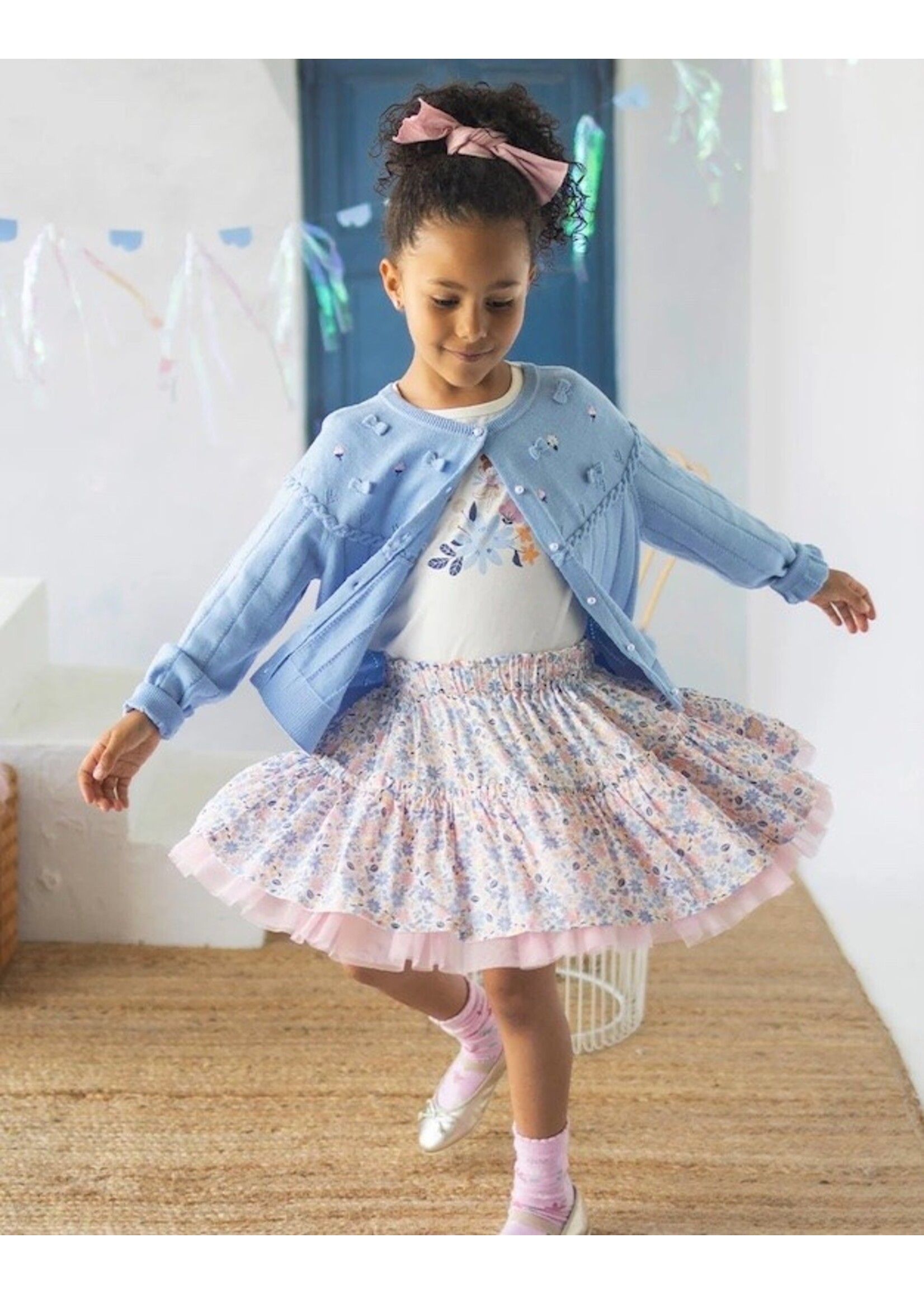 Souris Mini Souris Mini, Floral Print Skirt || White Multi