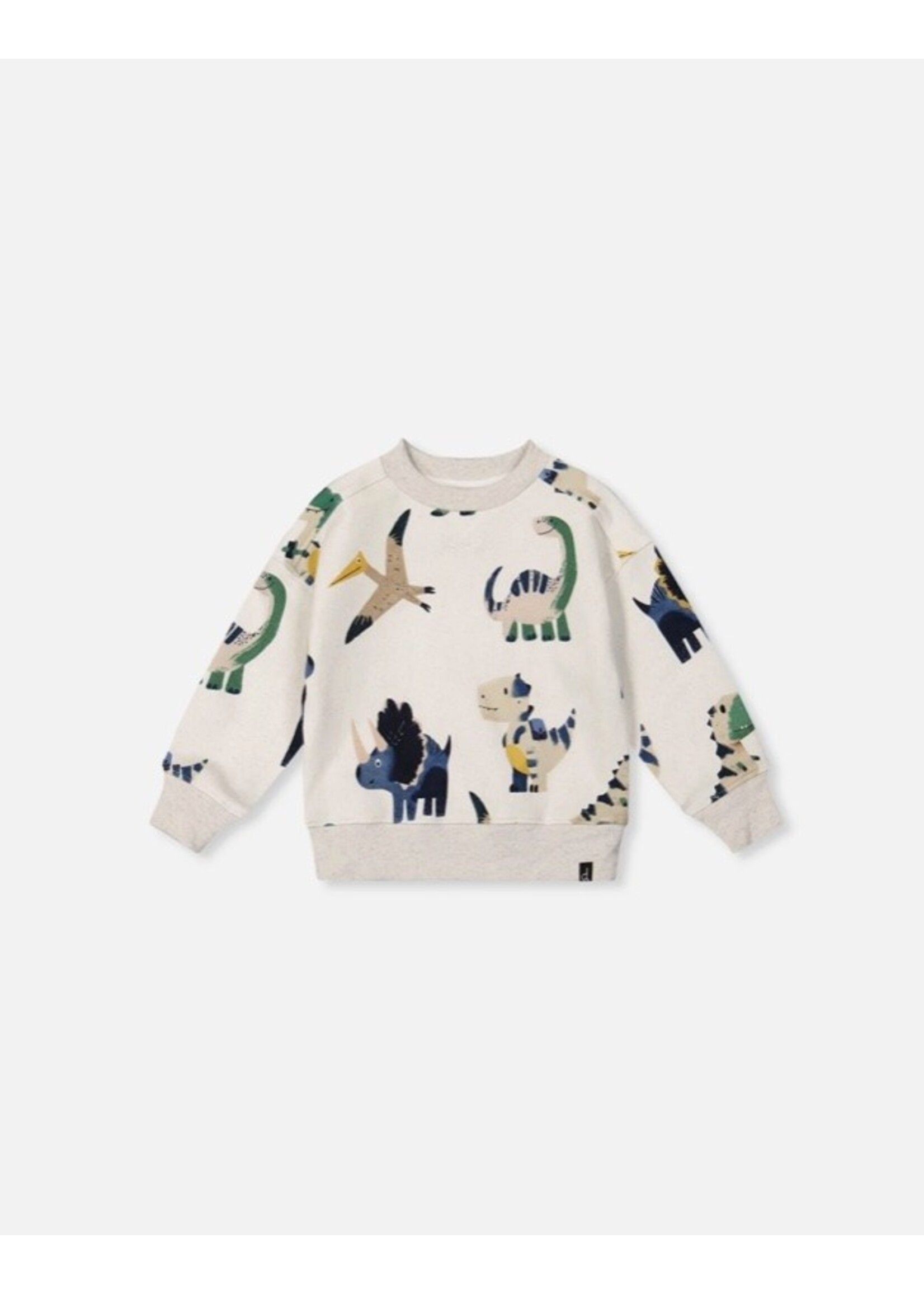Deux Par Deux Deux Par Duex, Baby Dinosaur Print Fleece Sweatshirt || Beige