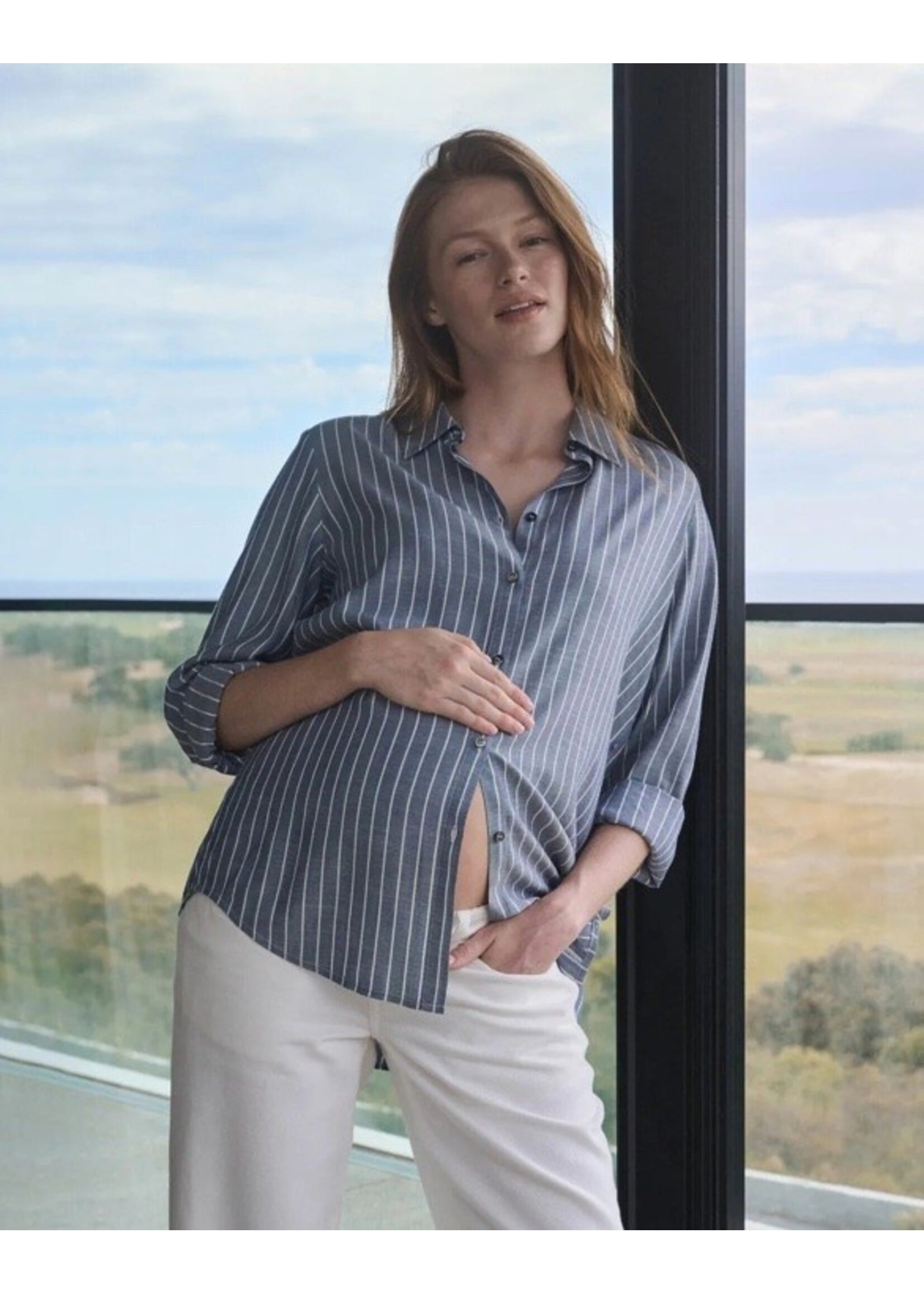 Ripe Maternity Ripe Maternity, Millie Button Up Shirt || Denim / White
