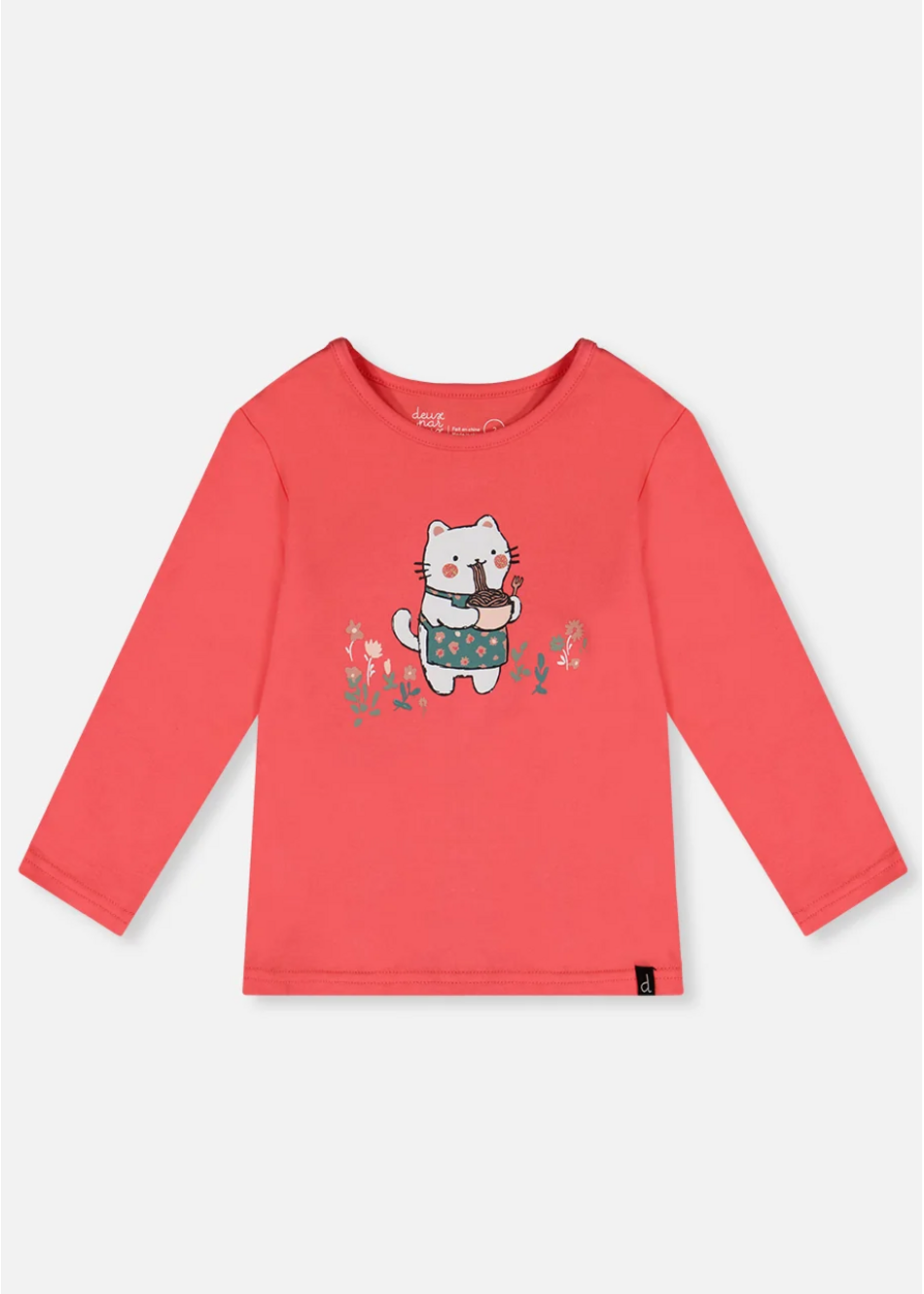 Deux Par Deux Deux Par Deux, Cat Print Organic Cotton Long Sleeve T-Shirt || Coral Pink