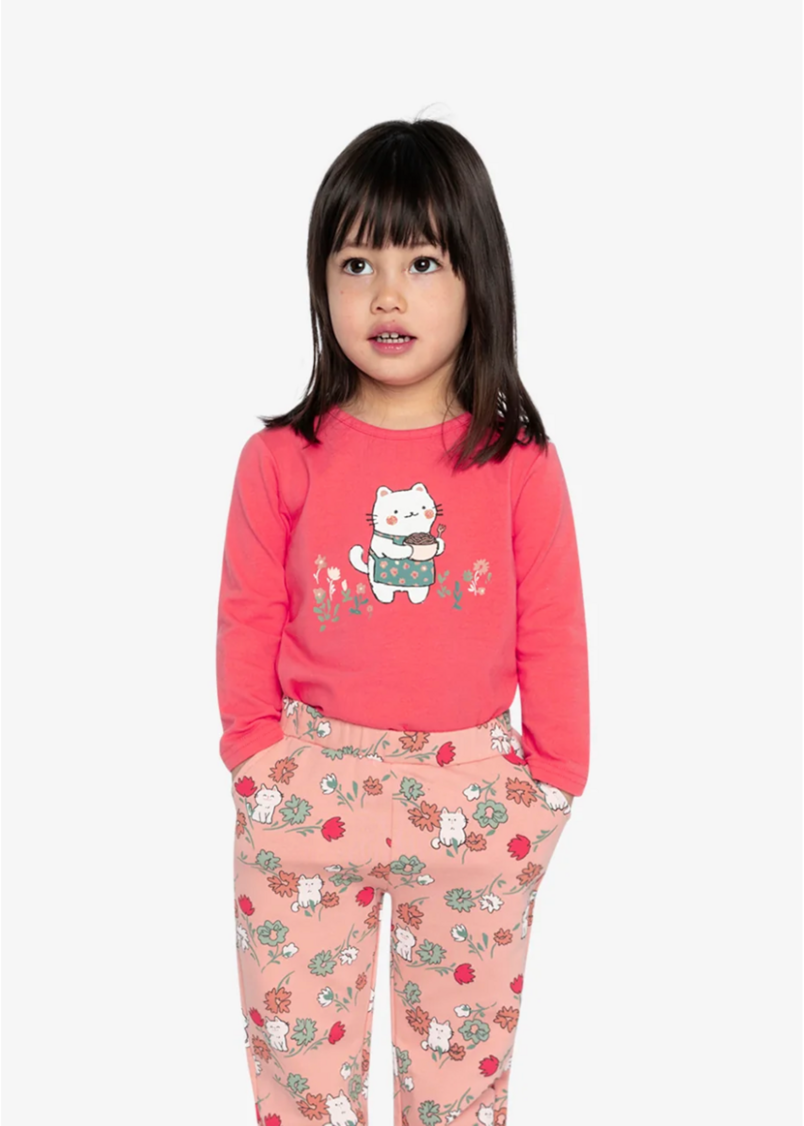 Deux Par Deux Deux Par Deux, Cat Print Organic Cotton Long Sleeve T-Shirt || Coral Pink