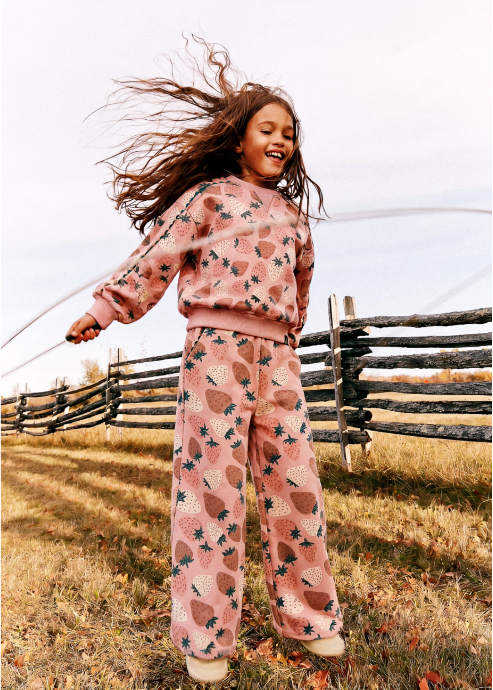 Deux Par Deux Deux Par Deux, Wide Leg Sweatpants || Pink Strawberry Print